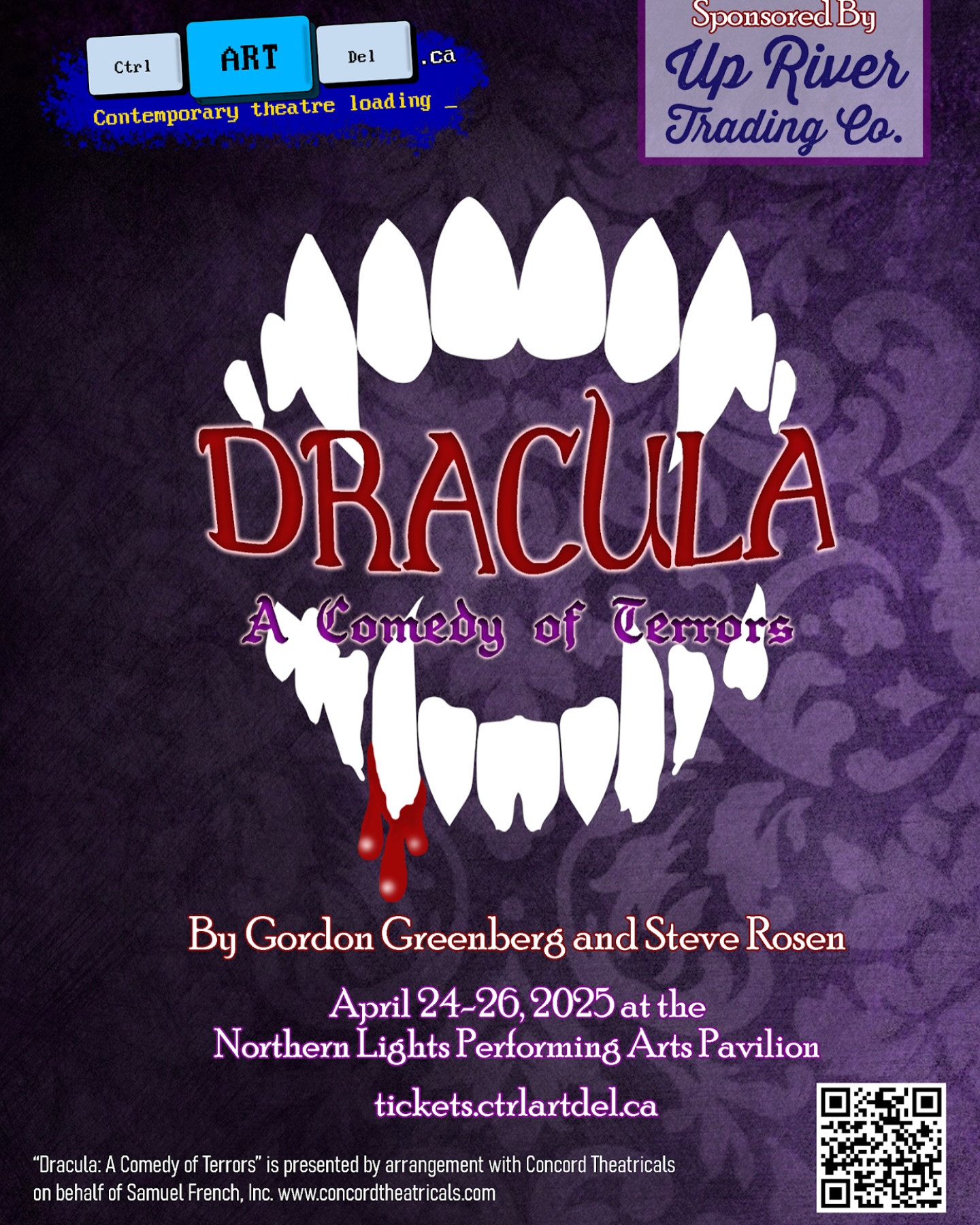 Need a good laugh? Our friends at Ctrl-Art-Del have just the ticket!
When her sister Mina falls ill with a mysterious disease of the blood, Lucy Westfeldt and her fiancé, Jonathan Harker, enlist the help of famed vampire hunter Doctor Jean Van Helsing. Their hunt for the dangerous and sexy Count Dracula is a whip-sharp, campy, gender-bending romp where gothic horror meets Monty Python.
Dracula: A Comedy of Terrors plays from April 24-26, 7:30 PM, at the Northern Lights Performing Arts Pavilion. Get tickets at tickets.ctrlartdel.ca