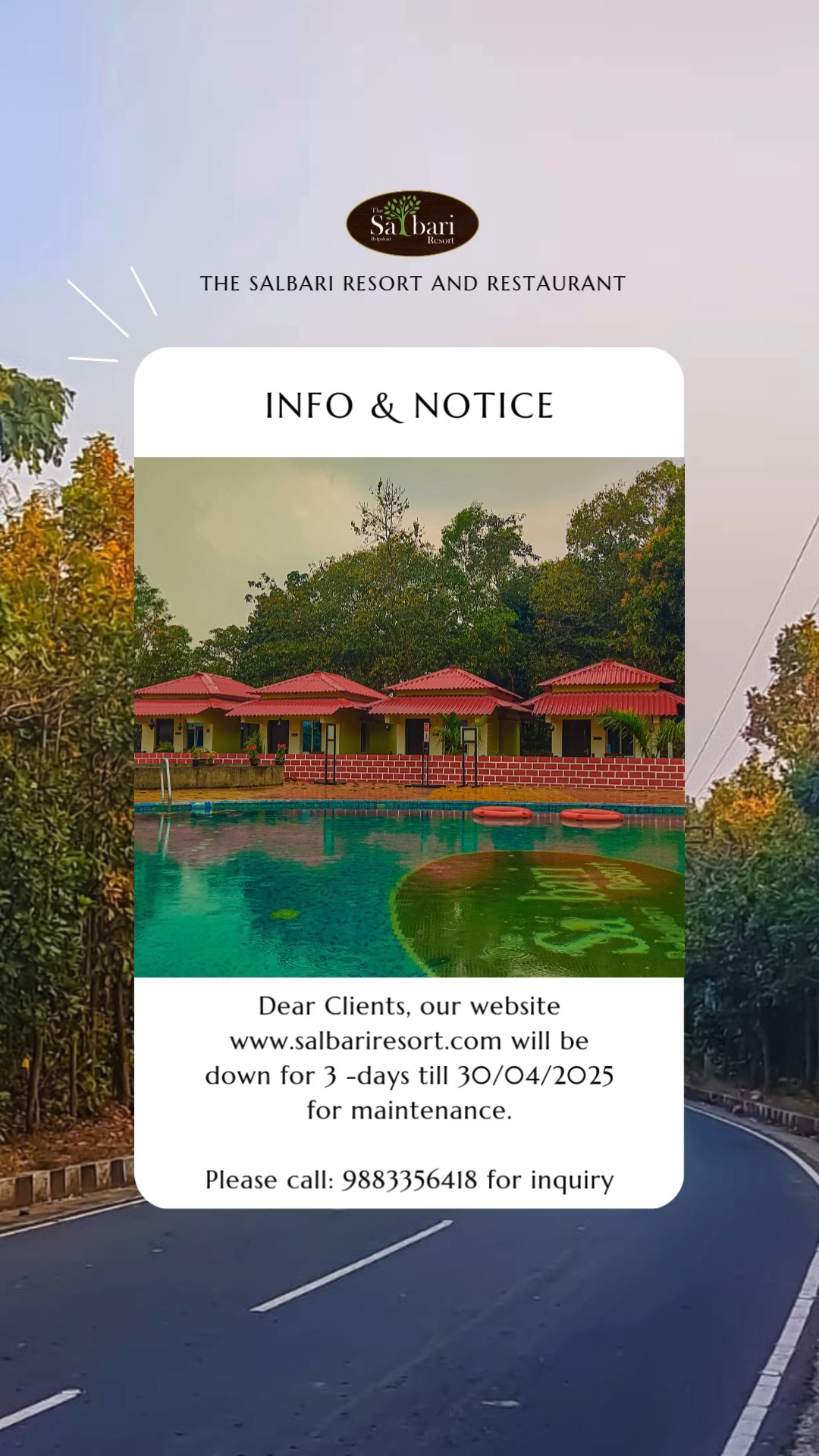 🌿 Important Update from Salbari Resort 🌿
Our website www.salbariresort.com will be temporarily down for maintenance for the next 3–4 days.
But don't worry — you can still book your perfect getaway!
Book now & cool off the natural way!
📞 Contact: +91 9883356418 (Call or WhatsApp for booking inquiries)