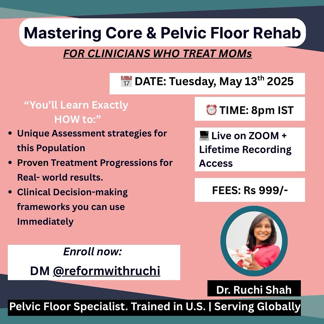 Why should you assess and treat Moms differently?
Multitude of physical and physiological changes occurs during pregnancy and after delivery and it just dosen’t “SNAP BACK”
Learn out of the box exercises and its progression for Core and pelvic floor issues to moms.
#reformwithruchi #PelvicFloor #Pregnancy #PelvicHealth #WomensHealth #PelvicFloorPhysicalTherapy #PostpartumRecovery #PelvicFloorExercises #PelvicPain #lowbackpain #PostpartumFitness