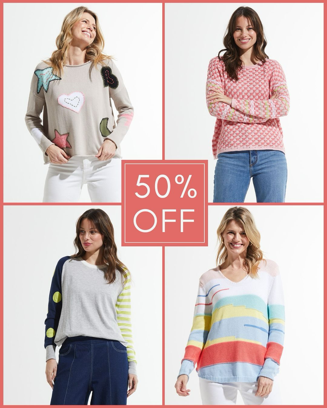 SALE!! 50% OFF all of our lightweight spring sweaters from Zaket & Plover! Perfect to transition from spring to summer - in great colors and patterns! Pop in and browse! #springfashion #shopspring #ght weight