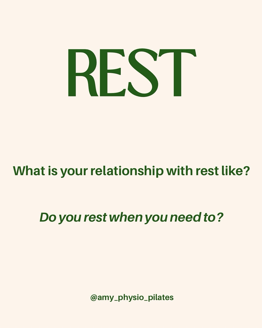 For me, my body tells me I’m exhausted and need to pay attention when I experience a consistent lower back niggle, that’s very different to a typical mechanical pain, it’s the warning light to downshift my nervous system and reset. When I do, it’s gone completely.
Another clear sign I need rest from screens is the overwhelming urge to throw my phone in the bin (or out of a window!)
Walking with a friend or on my own is my favourite way to rest. What’s yours?
#physiotherapy #clinicalpilates #empowerment #rest