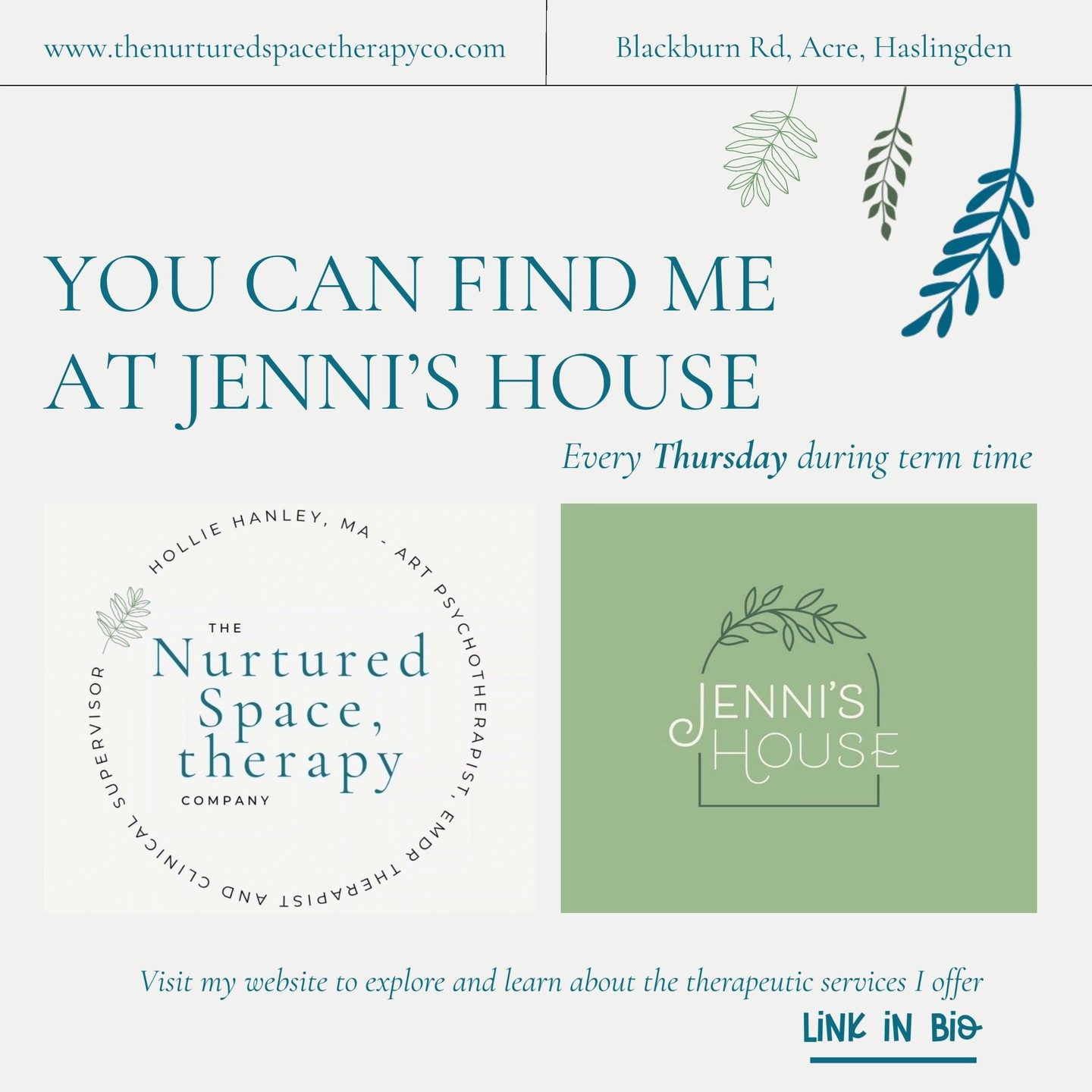 'I am so excited to announce ✨'
I will be offering my therapeutic services @jennis_house every Thursday (during term time).
Jenni's house has developed beautiful therapy rooms and I am thrilled to be part of their incredible vision.
You will find all the therapeutic services I offer on my website, please wander in and have a look (link in bio @thenurturedspacetherapyco).
I hope I see you there soon, you will probably find me ordering coffee from the cafe, so please come and say hi!
Hollie ❤️