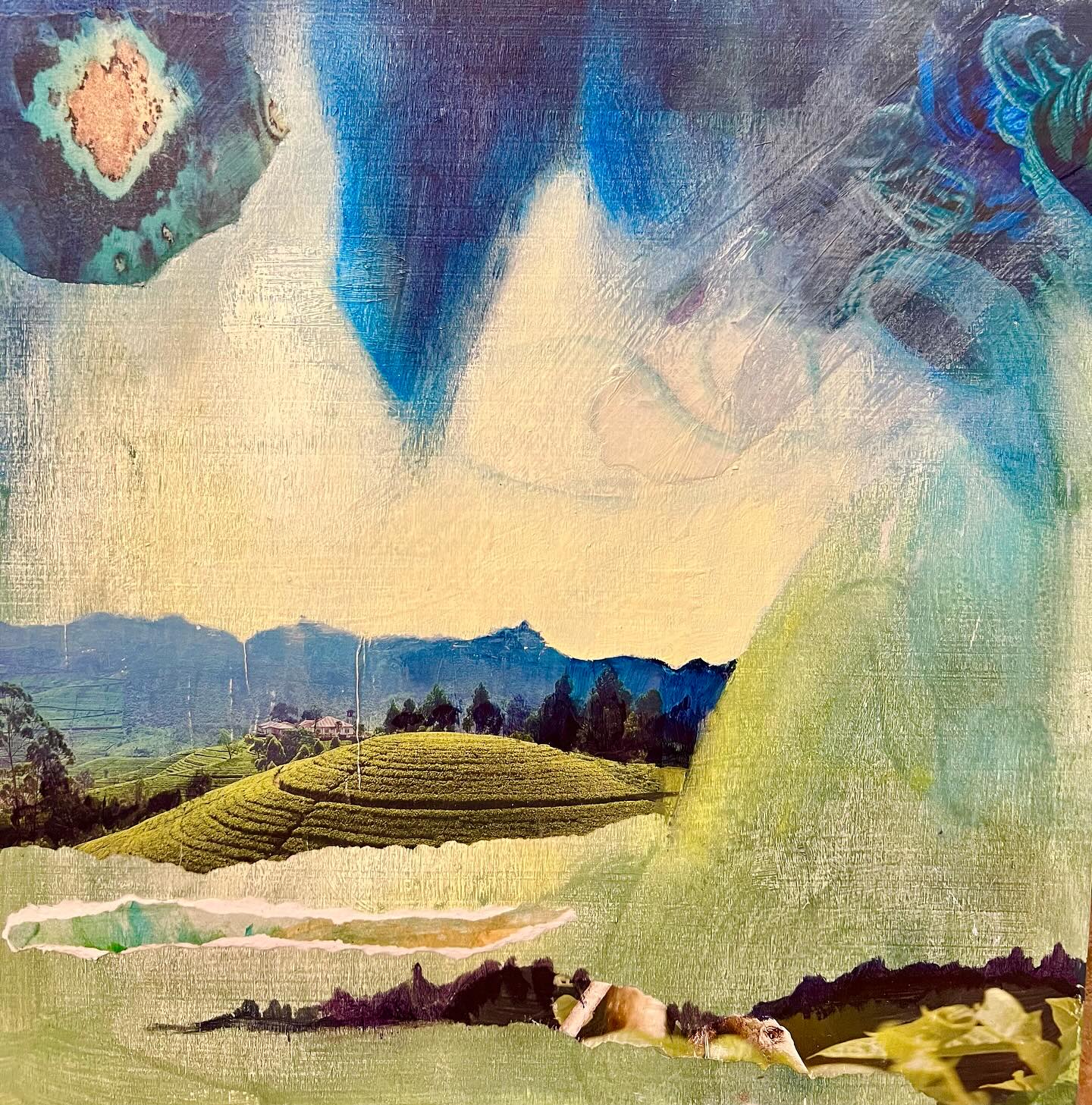 One on my abstract ‘landscapish’ painted collages. I was busy with some commissions this winter (thankfully)and doing small painted collages fed my Art Spirit!