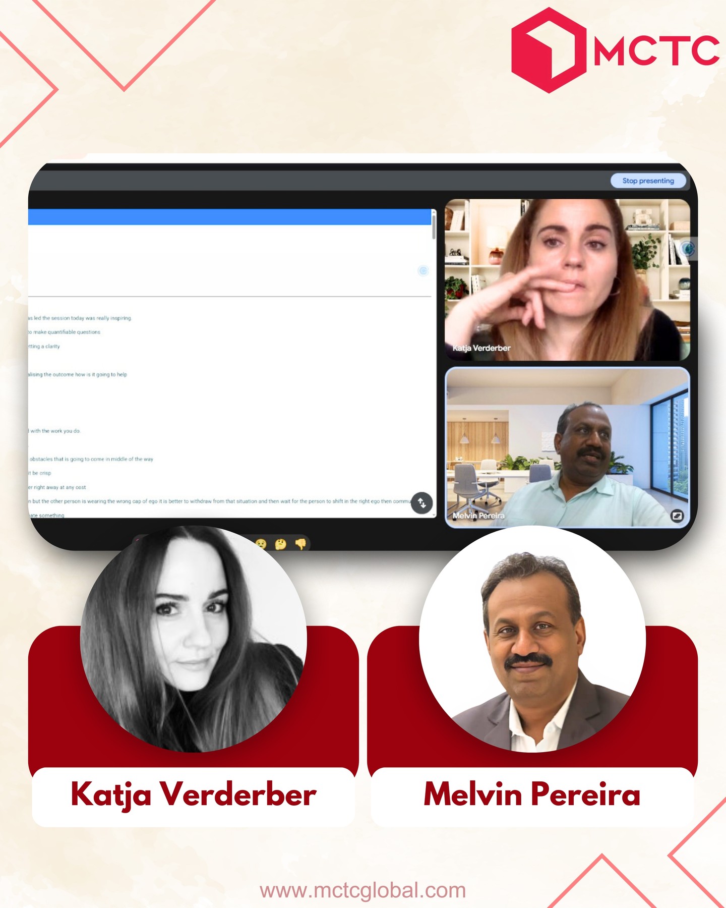 Connecting with Global Leaders 🌍
It was a pleasure for Melvin Pereira to engage in a valuable conversation with Katja Verderber, the founder of Ketiver d.o.o. from Slovenia 🇸🇮.
An inspiring dialogue on leadership, growth, and shared visions for a better future.
At MCTC Global, we believe that great ideas know no borders.
#MCTCGlobal #MelvinPereira #KatjaVerderber #Ketiver #SloveniaBusiness #LeadershipConversation #GlobalConnections #Entrepreneurship #BusinessBeyondBorders #BNI #Habitcoach #Leadershipcoach