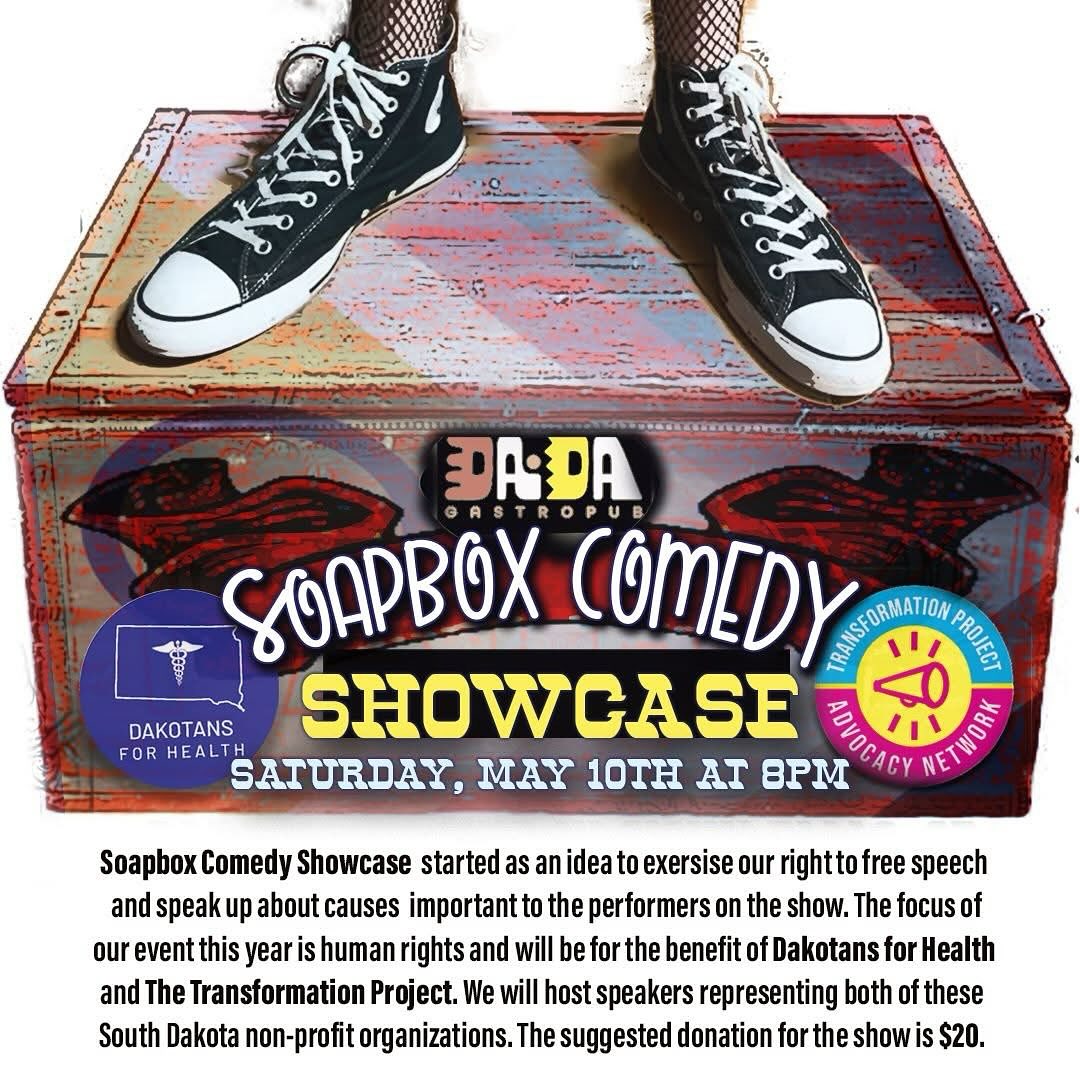 SOAPBOX COMEDY SHOWCASE
📅 Saturday, May 10th
🕗 8PM
📍 @dadagastropub at @iconsiouxfalls – Downtown Sioux Falls
🎤 Featuring headliner @nancynorton.tv + top comics from across the Midwest!
Stand up for what matters—through stand-up.
This night is a 🎟️ joint fundraiser supporting:
❤️ @dakotans4health – fighting for reproductive rights
🏳️⚧️ @transformationprojectsd – advocating for trans and Two Spirit youth in South Dakota
💵 $20 suggested donation gets you a night of laughs, solidarity, cocktails, and community ✊
So grab your crew, enjoy your sleds, and catch some comedy with a cause at one of the best spots in town: @dadagastropub @iconsiouxfalls
💯 All proceeds go directly to the movement.
Let’s raise our voices—and a glass—for freedom, dignity, and human rights.
🏳️⚧️🏳️🌈
#SoapboxShowcase
#SiouxFallsEvents
#StandUpForJustice
#ReproRightsSD
#TransRightsAreHumanRights
#ComedyWithPurpose
#LaughterIsResistance