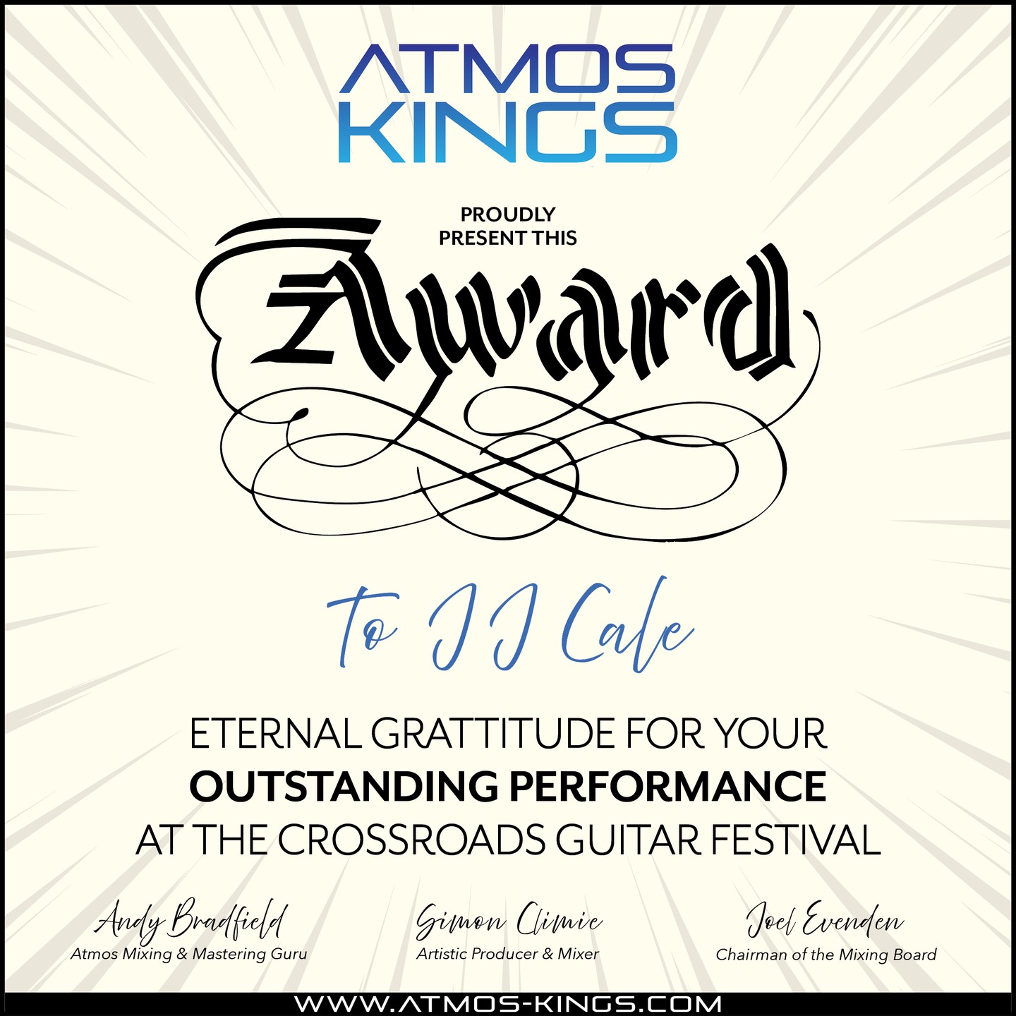 Atmos Kings proudly present this AWARD to JJ CALE @jjcaleofficial
Our eternal gratitude for your outstanding performance at the Crossroads Guitar Festival 2004, Your masterful grooves alongside #ChristineLakeland & #EricClapton created an unforgettable moment of pure musical magic. ❤️🙏#CrossroadsGuitarFestival #JJCale #MusicLegend #crossroadsguitarfestival #CGF2023 #guitargod #guitarhero #guitarlegend #atmoskings #simonclimie #dolbyatmos