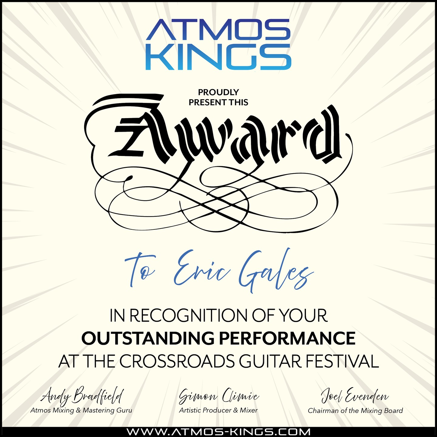 Atmos Kings proudly present this AWARD to ERIC GALES @ericgalesband in recognition of your outstanding performances at the Crossroads Guitar Festivals! #EricGales
#crossroadsguitarfestival #CGF2023 #guitargod #guitarhero #guitarlegend #atmoskings #simonclimie #dolbyatmos