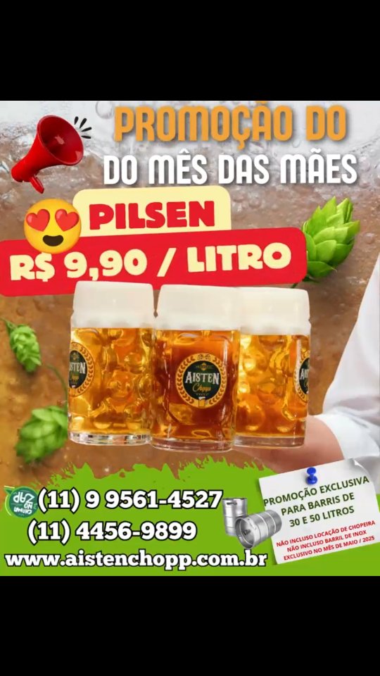 🍻PROMOÇÃO DO MÊS DAS MÃES🍻
Chopp Pilsen por R$ 9,90 / litro
30 litros – R$ 297,00
50 litros – R$ 495,00
Normas🗒
- Promoção apenas para o mês de Maio 2025,
- Não inclusos: locação de chopeira e o barril de chopp
- Promoção para Salto, Itu e Indaiatuba
Reservas: (11) 9 9561-4527