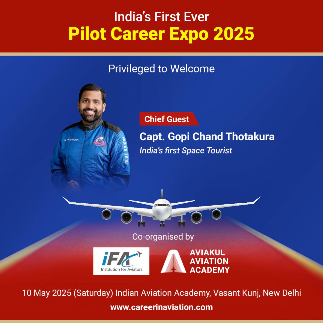 🚀 India's 1st Pilot Career Expo is taking off!
🗓 10th May 2025 | 📍 Indian Aviation Academy, Vasant Kunj, New Delhi
Future aviators, this is your boarding call! Get ready for an unforgettable day filled with career breakthroughs, simulator experiences, expert sessions, and direct airline recruitments.
🎖 Special Guests:
Capt. Gopi Chand Thotakura @dopigopi - First Indian Civilian Astronaut
Capt. Srinivas Rao FRAeS - Head of Training, Marigold Aviation
@varunastro - Managing Director, Aviakul Group
Capt.Nikita Tomar @bleaanddarky - Pilot, Boeing 787
Ravinder Sherawat @sherawat.wings - Director, Institution for Aviators
🎯 Event Highlights:
Insider Career Pathways
Airline HR Résumé Reviews
Simulator Workshops
100% Job Guarantee Cadet Programs
Networking with Aviation Leaders
🎟 Register Now: www.careerinaviation.com
🏆 Title Sponsor: @redbirdaviation
✨ General Sponsor: @doc.pilot10
🙏 Proudly powered by @marigoldaviation
🤝 Co-Organized by: @ifa_institution_for_aviators and @aviationgurukul
💪 Supported by legends of Indian Aviation.
Together, let's give wings to your dreams. ✈️
#PilotCareerExpo #FuturePilots #InternationalPilotsDay #AviationCareers #CareerInAviation #Aviakul #MarigoldAviation #RedbirdAviation #IFAIndia #AAA #FlyingDreams #aviationindia