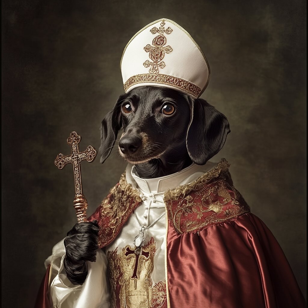 Dougie the gallery dog thinks he’s got the look!😁 #pope #pope Leo #pet portraits #petart #petportraits #dachshund #dachshundart