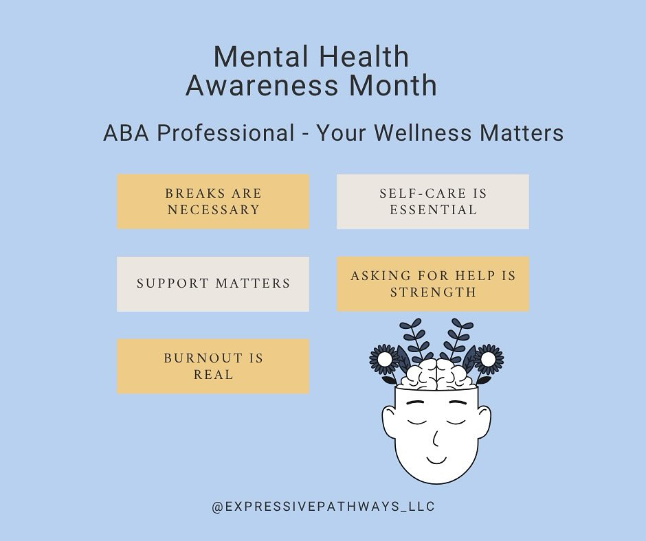 As BCBAs and RBTs/BHTs, we support others daily, but it’s just as important to care for our own mental well-being.
This Mental Health Awareness Month, let’s remind ourselves and each other:
✅ It’s okay to take breaks.
✅ Supervision and support matter.
✅ Burnout is real. Your feelings are valid.
✅ Self-care is not selfish. It’s necessary.
✅ Seeking help is a strength, not a weakness.
We play a vital role in the lives of others. Let’s also be intentional about protecting our own mental health. 💚
Together, we can foster a culture where mental wellness is a priority for our clients and ourselves.
#MentalHealthAwarenessMonth #BCBAs #RBTs #BehaviorAnalysis #SelfCareForTherapists #TherapistsNeedSupportToo #CompassionInCare
