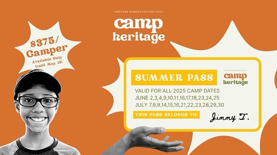 May 15th is the LAST DAY to get the discounted summer pass for Camp Heritage - a day camp experience hosted by Heritage Homeschoolers of Cobb County! You’ll still be able to join camp at the regular price after that, but you don’t want to miss out on the lowest price of the season. You do NOT have to be homeschooled to attend this FUN and culturally supportive camp!
Check out https://www.heritagehomeschoolers.org/ campheritageatl for details!