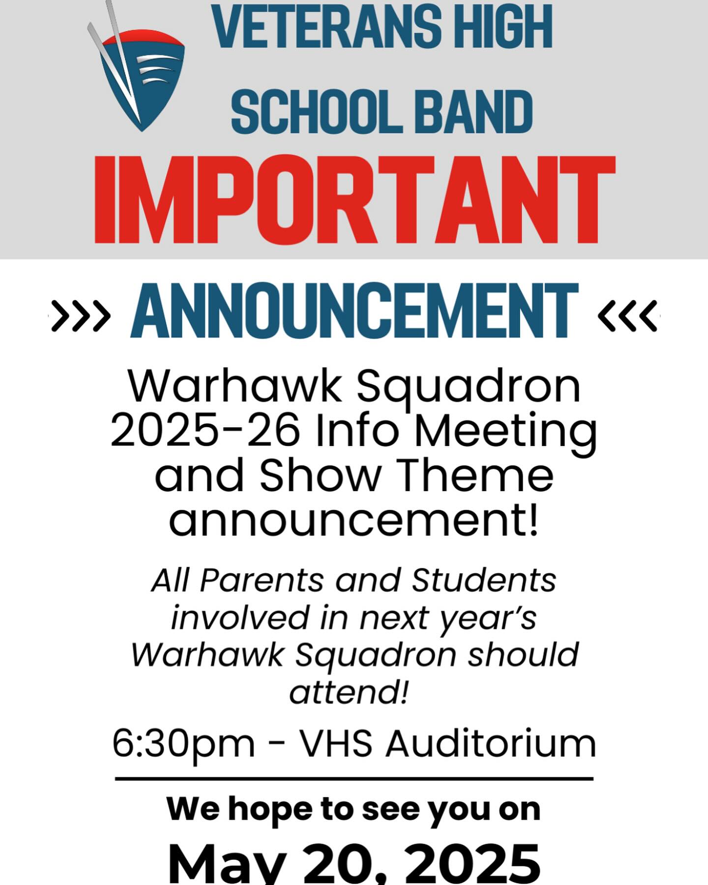 All Marching Band families, please see the announcement! This includes rising 9th graders/current 8th graders!