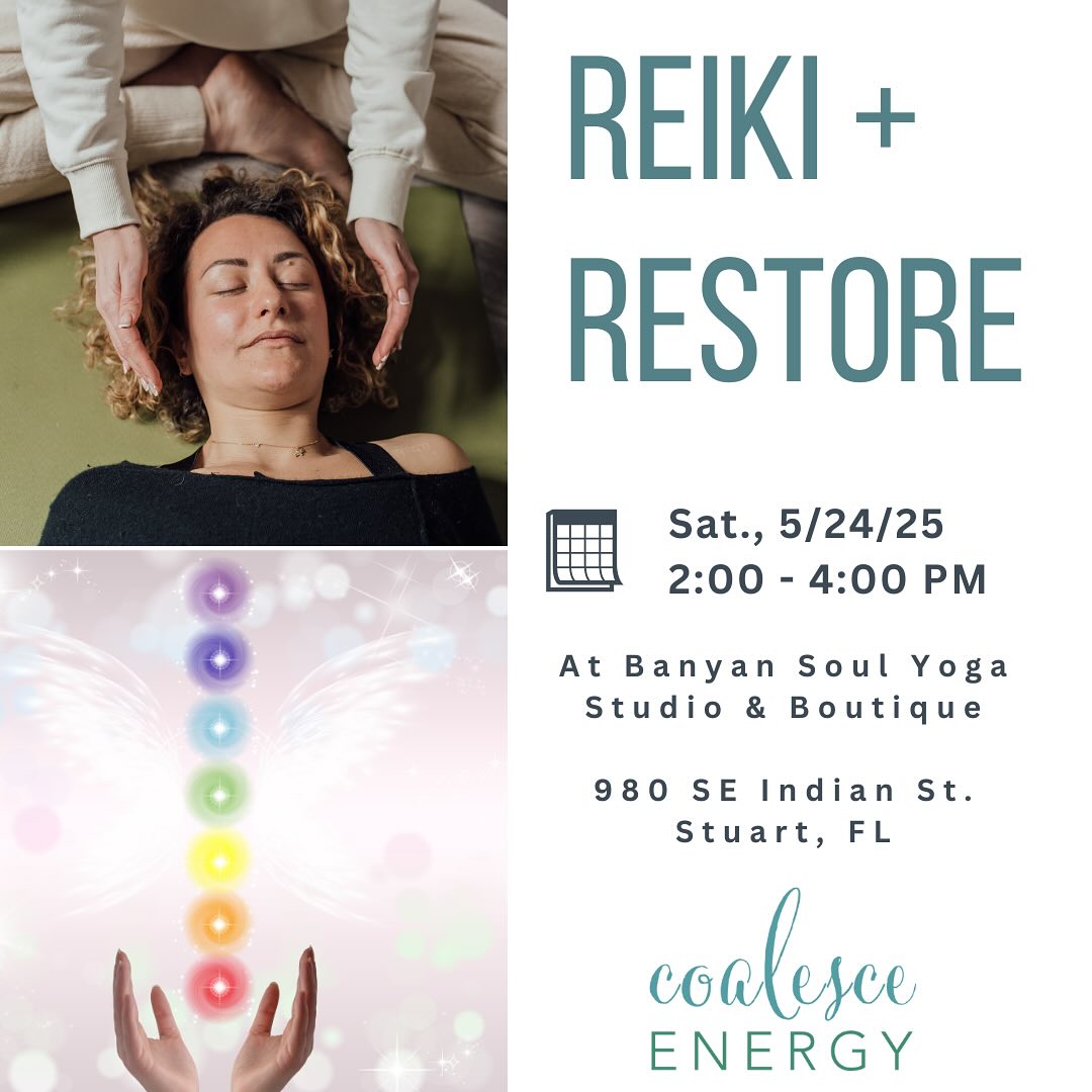 Join us for a special Reiki + Restore class @banyansoul ✨
Reiki is a Japanese technique to promote stress reduction and relaxation, activating the parasympathetic nervous system (rest & digest system) and balancing the nervous system through deep rest. It can be facilitated through both hands on and off the body by a practitioner.
Restorative yoga poses will be held for an extended period of time, combined with the Reiki energy to offer a chakra balancing from head to toe and a deeply relaxing experience. Props such as bolsters, blankets, straps, and blocks are used to support the body to further allow for further dropping into postures. Reiki will be offered to each participant if they so choose (hands-off or on, you’re choice!).
Investment: $40, Limited to 10 people.
Link in bio to register or banyansoulyoga.com 😍