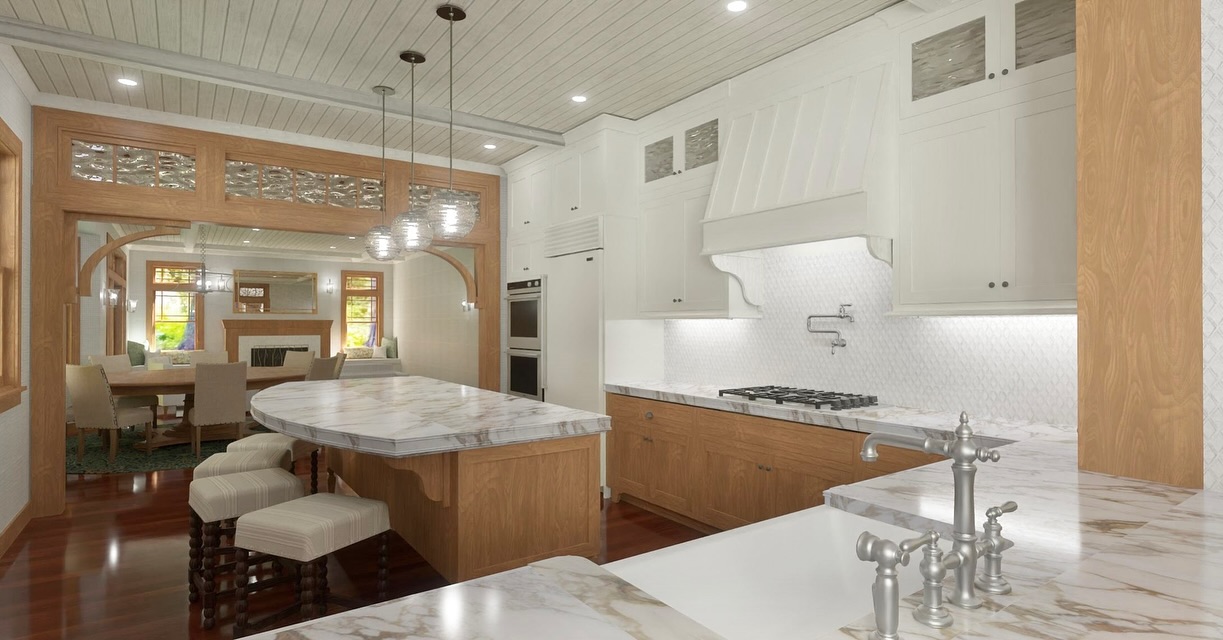 Sometimes, it’s all in the details. The little flourishes like interesting textures, built up edge profiles and moulding trim can bring a design together.
In this instance, a coffered ceiling, transoms all over, and various corbels add charm and character to the space.
#craftsmanhome
#interiordesign
#kitchendesign
#riinteriordesigner