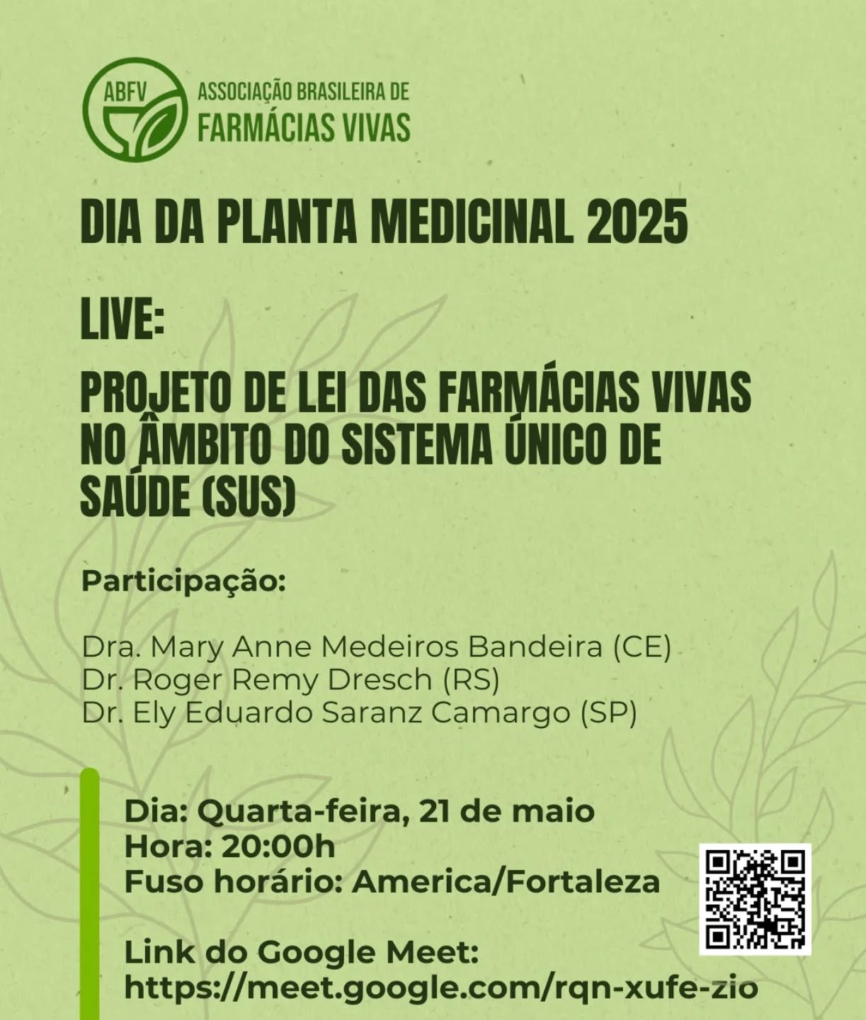 🌱Venha conhecer sobre o Projeto de Lei, elaborado pela ABFV, para ampliar e fortalecer as Farmácias Vivas no Brasil!
Acesse o link: https://meet.google.com/rqn-xufe-zio
Junte-se a nós em defesa das Farmácias Vivas!
Dia 21/05/2025 às 20 horas.
#fitoterapiacientifica #plantasmedicinaisearomáticas
#farmaciaviva