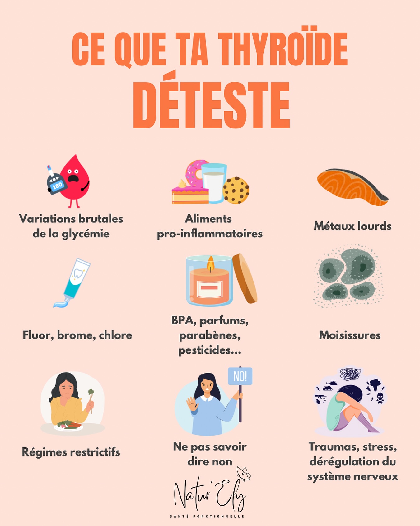 Certains comportements, aliments ou substances sont de vrais saboteurs pour ta thyroïde.
Et parfois, tu n’en as même pas conscience.
Voici ce qu’elle déteste en silence (et que tu croises tous les jours sans t’en rendre compte)
💥 Pics de glycémie
💥 Métaux lourds
💥 Fluor & chlore
💥 Moisissures
💥 Aliments pro-inflammatoires
💥 Parfums, bougies, plastiques, pesticides…
💥 Régimes restrictifs
💥 Ne pas savoir dire NON
💥 Stress chronique et dérèglement nerveux
Pas de panique : le but, ce n’est pas de culpabiliser, mais de t’aider à reprendre le pouvoir sur ce que tu peux
changer.
🔁 Enregistre ce post pour t’en souvenir !
💬 Et dis-moi en commentaire : lequel de ces facteurs te concerne le plus au quotidien à ton avis ?
#hypothyroidie #thyroide #hashimoto #santethyroidienne #fatiguechronique #naturopathie #santéhormonale