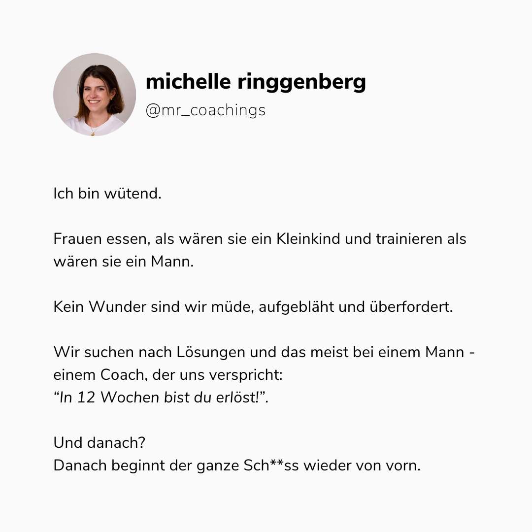 ⛔Ich war so lange wütend ⛔
Weil ich dachte, ich sei das Problem.
Weil ich geglaubt hab, ich müsste mich zusammenreissen, disziplinieren, anpassen.
Weniger essen. Härter trainieren.
Und trotzdem war ich müde, reizbar, aufgebläht, nicht ich selbst.
Heute weiss ich:
Es lag nie an mir.
Es lag an einem System, das Frauen still & angepasst hält –
und das ihren Rhythmus komplett ignoriert.
Wir sind keine Männer.
Wir sind nicht linear.
Nein.
Wir sind Frauen.
Wir sind zyklisch.
Und das ist unsere grösste Stärke.
✨ Wenn du spürst, dass du anders leben willst – weicher, näher, verbundener:
Dann bist du nicht falsch.
Dann bist du bereit.
Du kannst und noch viel wichtiger: Du darfst. Du darfst dich gesund, stark und selbstbewusst fühlen. Du darfst deinen Wohlfühlkörper haben und selbst bestimmen, was das genau bedeutet.
Lass los - werde zu der Frau, die du bereits in dir trägst. Tief in dir drin.
Hol dir meinen PDF-Guide und "let the magic happen." ❤️
Link im meiner Bio 🔥
#zyklusgerecht #hormonbalance #gesundohnekampf #fitohnezwang #mrcacademy #powerfrauen#zykly#wholefoods#periode#mindset#longevity #echtweiblich#burnoutprävention #wholefoodfrauen