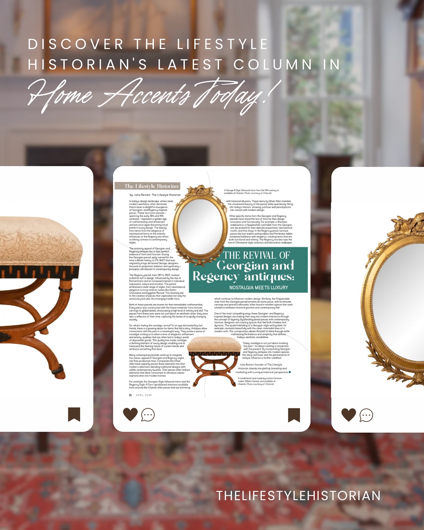 In a world where trends come and go, there’s something comforting about the elegance of the past. In my latest piece for @homeaccentstoday, I explore the renewed fascination with Georgian and Regency design and how these timeless styles are shaping today’s luxury interiors.
From Chippendale chairs to Regency ottomans, antiques and their modern interpretations are proving that history and innovation can beautifully coexist. @ethanallen is one company leading the way by maintaining the ornamental beauty of these periods while seamlessly fitting into today’s interiors. It’s not just nostalgia. It’s storytelling through design.
Read the full article, link in bio, to experience the history behind these time periods and their resurgence in modern spaces.
DM us to learn more about how The Lifestyle Historian can share the history behind your brand and products! 💡