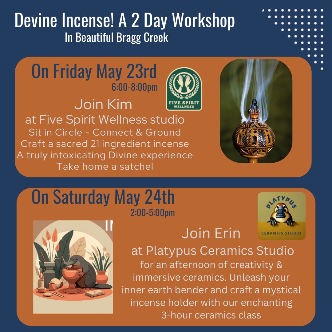 🌲2-Day Workshop Offering Bragg Creek 🌲
🌹 May 23: 6-8 PM 🌹 Divine Incense Making Workshop
✨ JOIN Kim of Five SpiritWellness for this beautiful incense making workshop. Sit in circle, connect & ground as we blend an intoxicating ceremonial grade loose incenses! This 21 ingredient Divine Feminine incense was learned at the Magdalene Chapel in Glastonbury UK 🇬🇧 take home a starches to use in ceremony / meditation.
🍶May 24: 2- 5 pm 🍶
Unleash your inner earth bender and craft a mystical incense holder with our enchanting 3-hour ceramics class! ✨
Immerse yourself in the magic of clay as you learn to shape and mold this calming creation using ancient hand-building techniques. Embrace the power of the slab and coil, and adorn your incense holder with mesmerizing underglazes and beautiful underglaze transfers.
As the incense smoke dances and swirls, your unique creation will infuse your space with tranquility and wonder. Find your zen and let your creativity flow.
This class is perfect for beginners and those seeking to deepen their connection with the earth. All materials are included, and you’ll leave with a one-of-a-kind incense holder and the knowledge to continue your ceramic journey.
Spaces are limited, so sign up now and let the magic begin
🙌 TICKETS 2 days $222 + GST
🎟️ BOOK ONLINE link in bio
https://fivespiritwellness.janeapp.com/locations/bragg-creek-five-spirit-wellness/book
#yyc #ceramicsofinstagram #calgarywellness #calgarychinesemedicine #yycceramics #mud #incense #datenight #braggcreek #visitbraggcreek #fivespiritwellness #platypusceramicsstudio