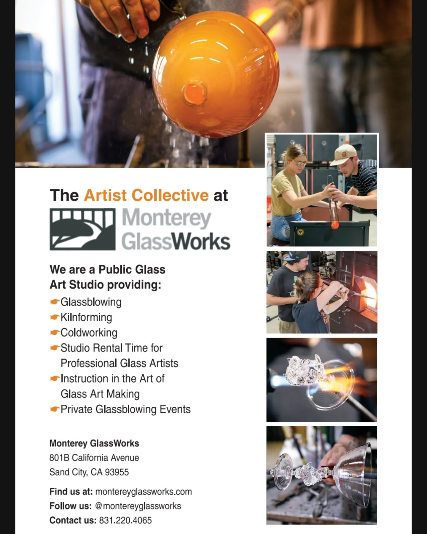 A long with being a resource central coast glass connection, for glass needs and custom works, the New MGW Collective is the Peninsula's hub for the glass community.
.
About to kick off the event season, we host private and corporate events, and find us during this summer's @thewestendcelebration
.
Class is in session and our new partnership with MPC (Monterey Peninsula College for you non locals) revives their glass program and enrollment beings in just a few days!
.
Stay tuned!!
.
.
#glass #kilns #furnace #glassblowing #cumminity