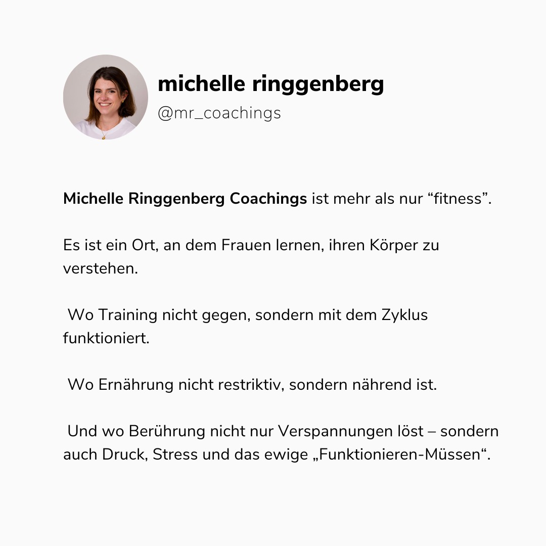 💡 Neu: Massage! 💡
Michelle Ringgenberg Coachings ist mehr als nur "fitness".
Es ist ein Ort, an dem Frauen lernen, ihren Körper zu verstehen.
Wo Training nicht gegen, sondern mit dem Zyklus funktioniert.
Wo Ernährung nicht restriktiv, sondern nährend ist.
Und wo Berührung nicht nur Verspannungen löst – sondern auch Druck, Stress und das ewige „Funktionieren-Müssen“.
💆♀️ Neu bei mir: Sportmassage für Frauen
Regeneration. Entspannung. Hormonelle Balance.
Für dich – wenn du mal wieder tief durchatmen willst.
Wenn du deinem Körper etwas zurückgeben willst.
Wenn du nicht nur machen, sondern auch spüren willst.
📍 Bei mir @boxacademybern
⏰ 30/60 Minuten
💸 Preis auf Anfrage
👉 Jetzt Termin sichern – Link in Bio oder DM.
#MassageFürFrauen #Zyklusgesundheit #GanzheitlicheMassage #Frauencoaching #Regeneration #MeTime #SchweizerCoach #MichelleRinggenberg