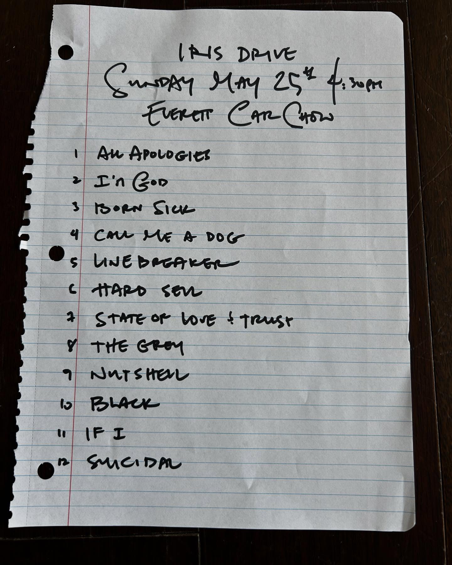 Day 1 set list for Cruzin to Colby car show.