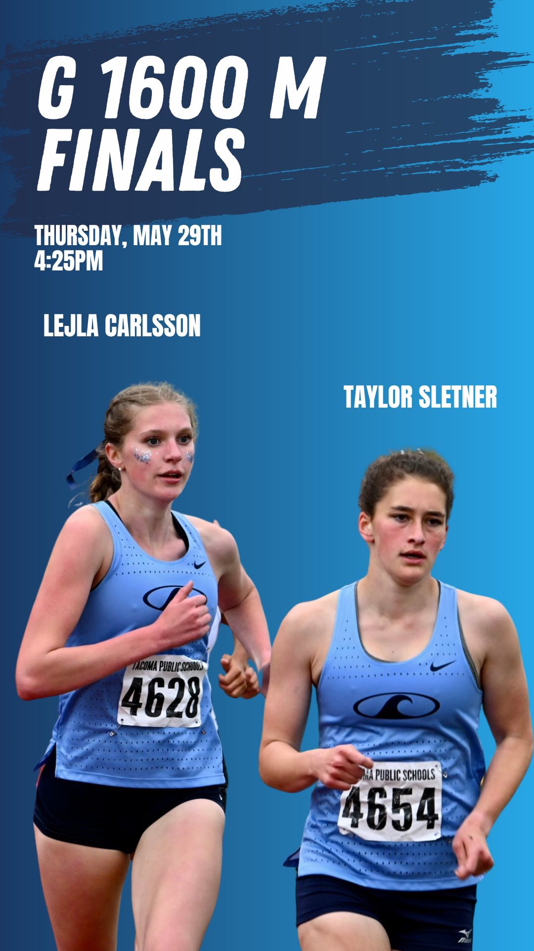 The first final for the Girls at the State Championship showcased our strong distance squad of Lejla Carlsson and Taylor Sletner.
Both girls ran BRAVE and COMPETED in a deep 3A field, both reaching the podium!
Lejla Carlsson 2nd Place, 4:52.48
Taylor Sletner 7th Place, 5:01.67