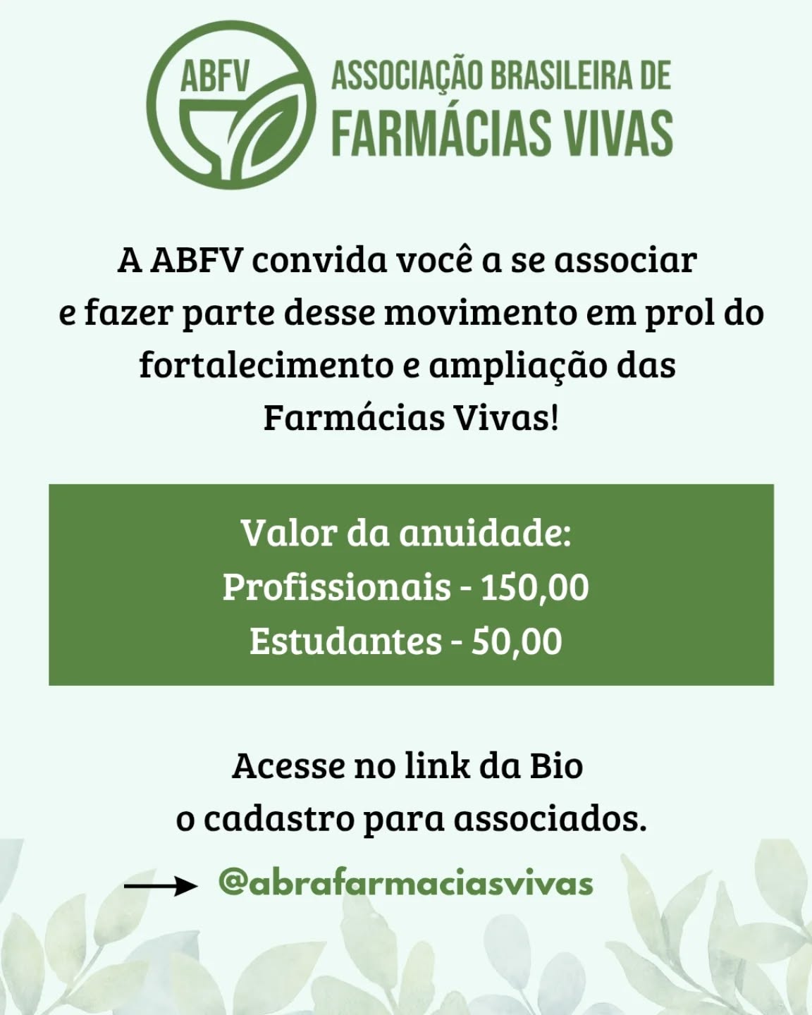 Estamos construindo uma rede forte e colaborativa das Farmácias Vivas.🤝
Convidamos a todos os profissionais e estudantes de Graduação que atuam na cadeia produtiva das Farmácias Vivas: agricultores, técnicos agrícolas, agrônomos, biólogos botânicos, farmacêuticos profissionais de saúde prescritores e estudantes a fazerem parte da ABFV.
Passo a passo para se associar:
✳️acessar o Instagram da ABFV: @abrafarmaciasvivas
✳️clicar no link da Bio
✳️acessar o cadastro para associados
✳️ preencher o formulário
✳️ realizar o pagamento e enviar comprovante para o número indicado
Sejam muito bem-vindos!💚
Nossa união pode gerar muitos e bons frutos!🙏😉