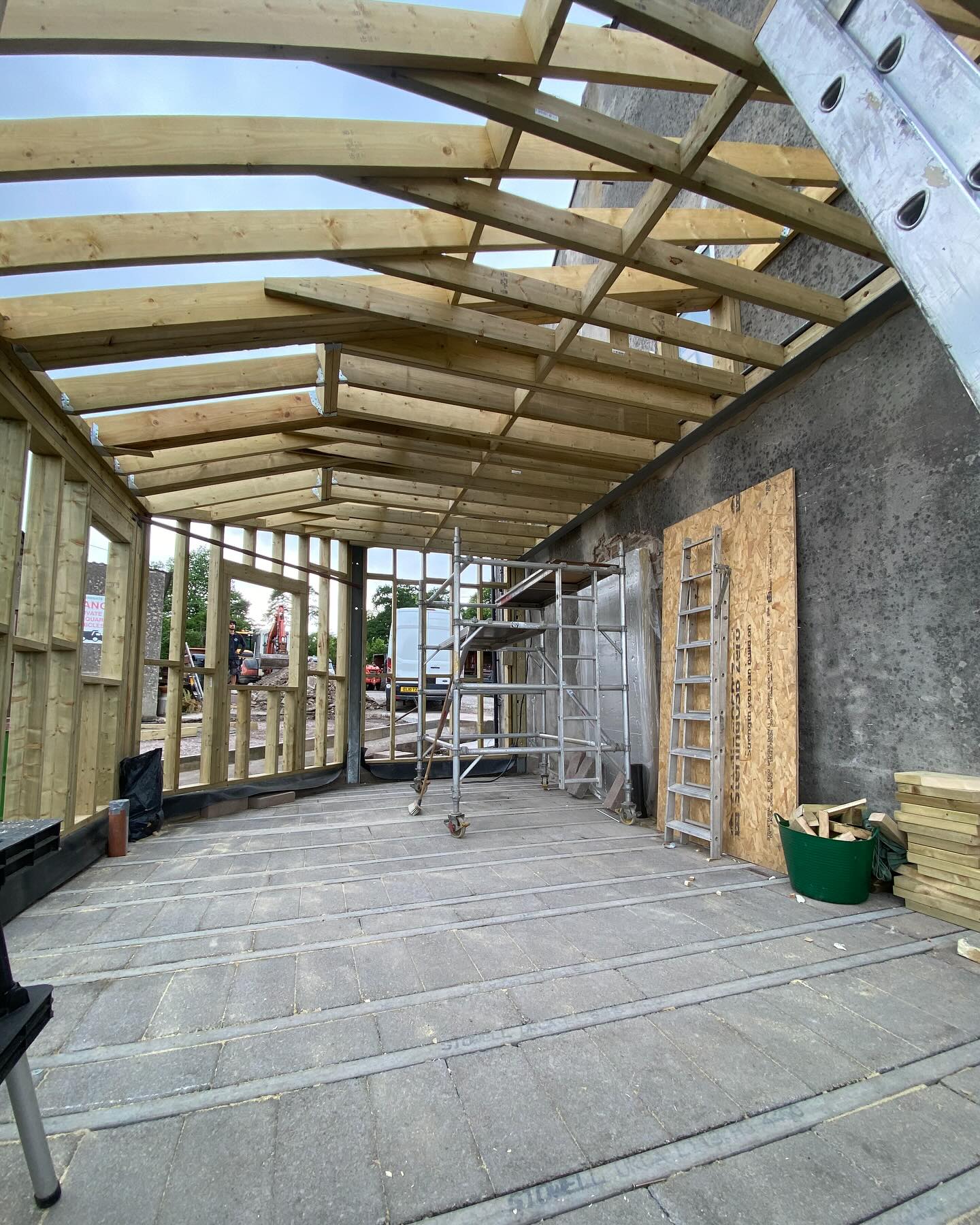 Steel framed extension to buttress a collapsing farmhouse, infilled with timber and a cut roof. Plenty more to come here but it’s nice to see the framing stage complete.