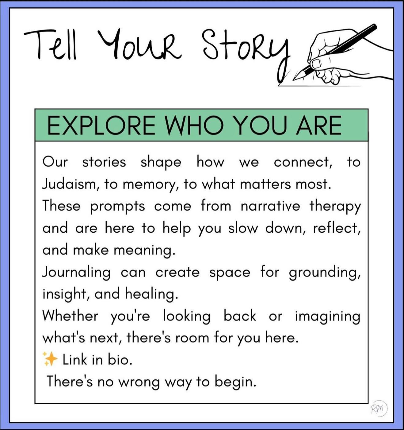 Our Jewish stories matter.
Not just the highlight reel we post on social media, all of it.
I made these journal prompts to help you explore your connection to Judaism in a way that’s personal, creative, and not overwhelming.
You don’t need to know where to start. Just pick a prompt and go.
✨ Link in my bio.
#JewishCreatives #JewishHealing #NarrativeTherapy #JewishIdentity #JournalingAsPractice #ModernJewishLife #JewishMentalHealth #JewishTherapist #CreativeJournaling #journaling #mentalhealth