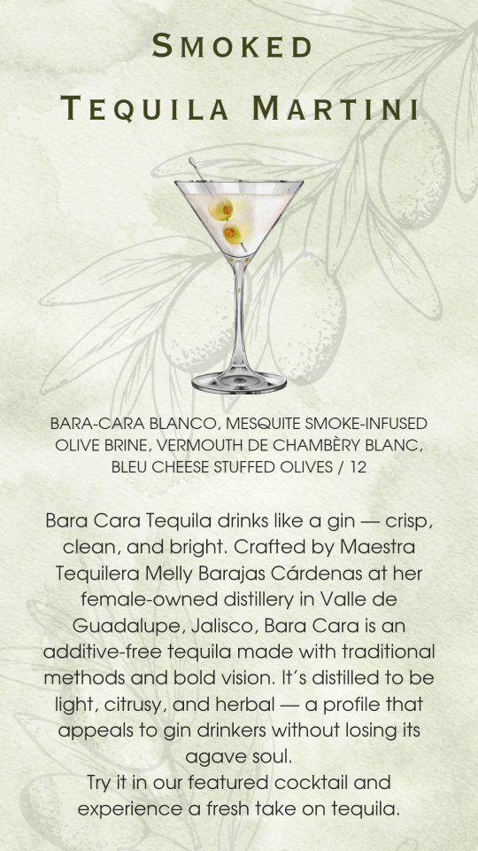 šø Featured Cocktail šø
Say hello to your new favorite martini ā made with Bara-Cara Blanco Tequila, crafted to drink like a gin: crisp, clean, and full of bright citrus and herbal character.
Distilled by Maestra Tequilera Melly Barajas CƔrdenas, maker of La Gritona, at her female-owned distillery in Valle de Guadalupe, this additive-free tequila delivers bold flavor with zero additives.
This twist on a classic combines mesquite smokeāinfused olive brine and Vermouth de ChambĆ©ry Blanc, finished with a skewer of blue cheeseāstuffed olives for a savory, smoky, gin-like experience.
Itās bold, briny, and unlike anything else on our menu.
Available now at El Pitayo for a limited time ā come try it while itās here.
