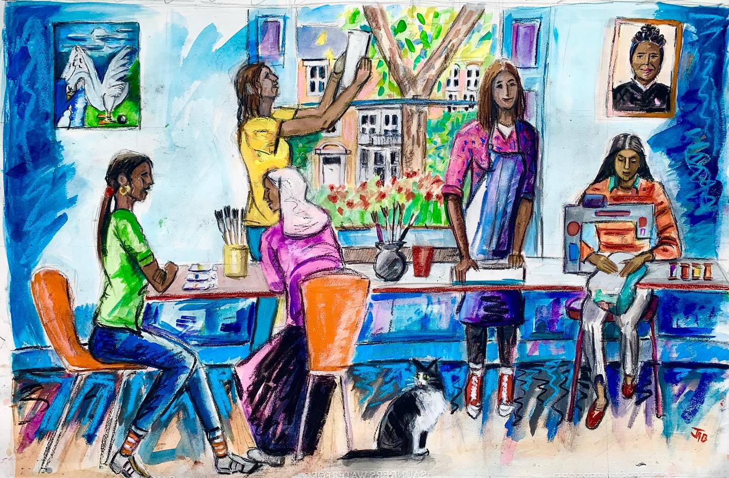 Bakhita House Art Group. Each Tuesday I run an art class at Bakhita House, a safe house for women who’ve been trafficked in London . The house is run by the diocese of Westminster and is named after #josephinebakhita . This picture tries to create the feel of the group which takes place in front of a long wooden table with nice views across the neighbouring streets . #artclass #bakhita #caritaswestminster #humantraffic #safehouse #makingart #havingfun
