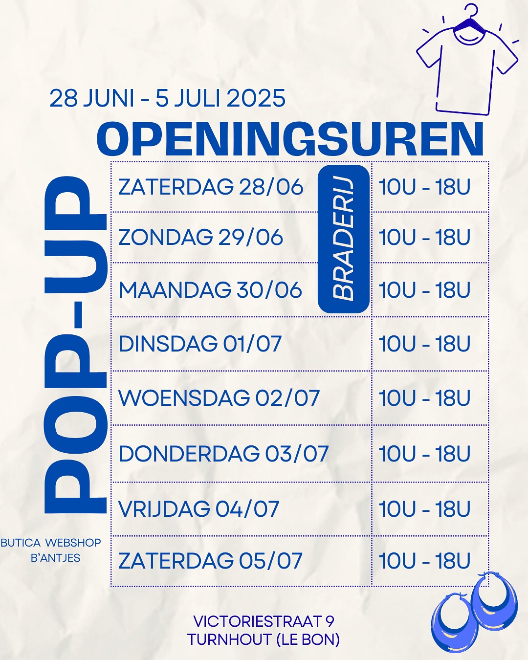 WOEHOEEEE!! 🍾🪩 Goed nieuws… want onze pop-up opent 2 daagjes eerder zijn deuren!! Dat wil zeggen dat je ook op zaterdag 28/06 en zondag 29/06 bij ons kan shoppen in ons pop-up’ke, da’s goed hè?! En om het nog beter te maken… al de winkels in Turnhout zijn dan open en er zal veel te doen zijn dan want die zaterdag, zondag en maandag is het ook braderij!
Alé da gezegd zijnde, wij zie je dan?! Zin innnn!! 💙🦋