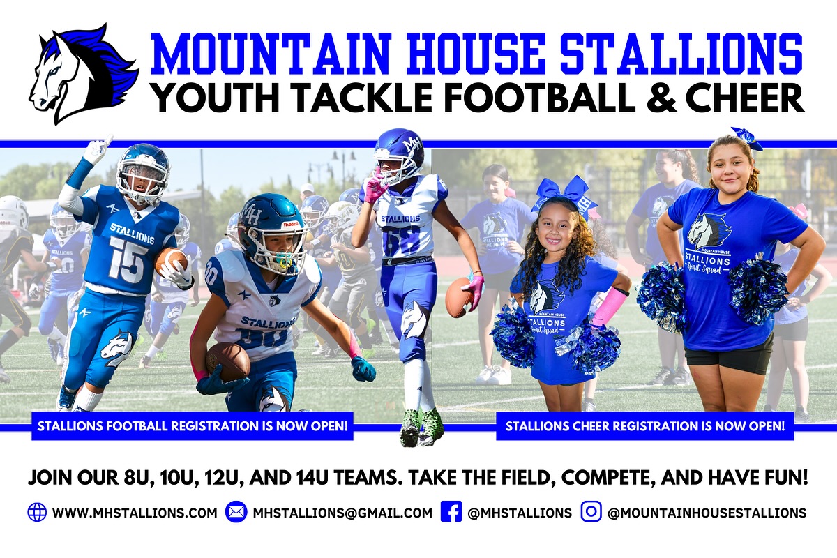 📣 LAST CALL TO REGISTER – STALLIONS FOOTBALL 🏈
Don’t miss your chance to join the Mountain House Stallions this season! This is your final opportunity to register and be part of the action!
🗓️ Jersey Fittings & Equipment Pickup
📍 Wicklund Gazebo
📅 Saturday, June 21
🕘 9:00 AM – 12:00 PM
Come meet the team, get fitted, pick up gear, and get all your questions answered. Whether you’re new or returning — we want YOU on the field this season!
🔥 Teams forming for 8U, 10U, 12U & 14U
👊 Take the field. Compete. Have fun.
🔗 www.mhstallions.com
📧 mhstallions@gmail.com
📱 @MHStallions | @MountainHouseStallions
Let’s ride, Stallions! 🐎💙