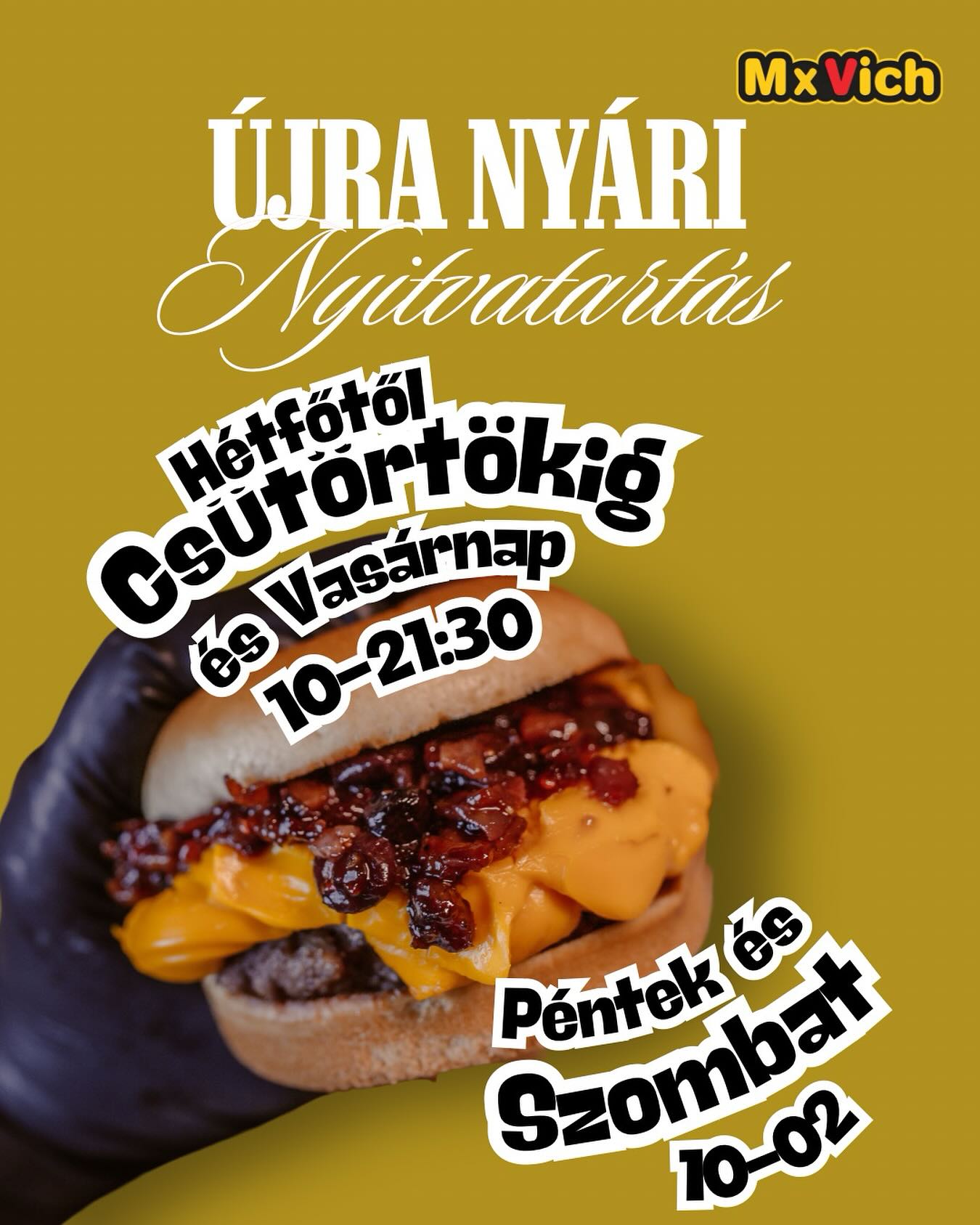 ☀️ NYÁRI NYITVATARTÁS ☀️
Mostantól újra a nyári nyitvatartás szerint várunk benneteket – még több idő, hogy megkóstoljátok a legjobb burgereinket! 🍔🔥
Akár helyben fogyasztanál, akár inkább kiszállítással kérnéd, számíthatsz ránk!
Friss alapanyagok, szaftos húspogácsák, ropogós buci – nálunk tényleg minden a burger körül forog! 😍
📍 Gyertek el, vagy rendeljétek házhoz – mi szeretettel várunk benneteket minden nap!