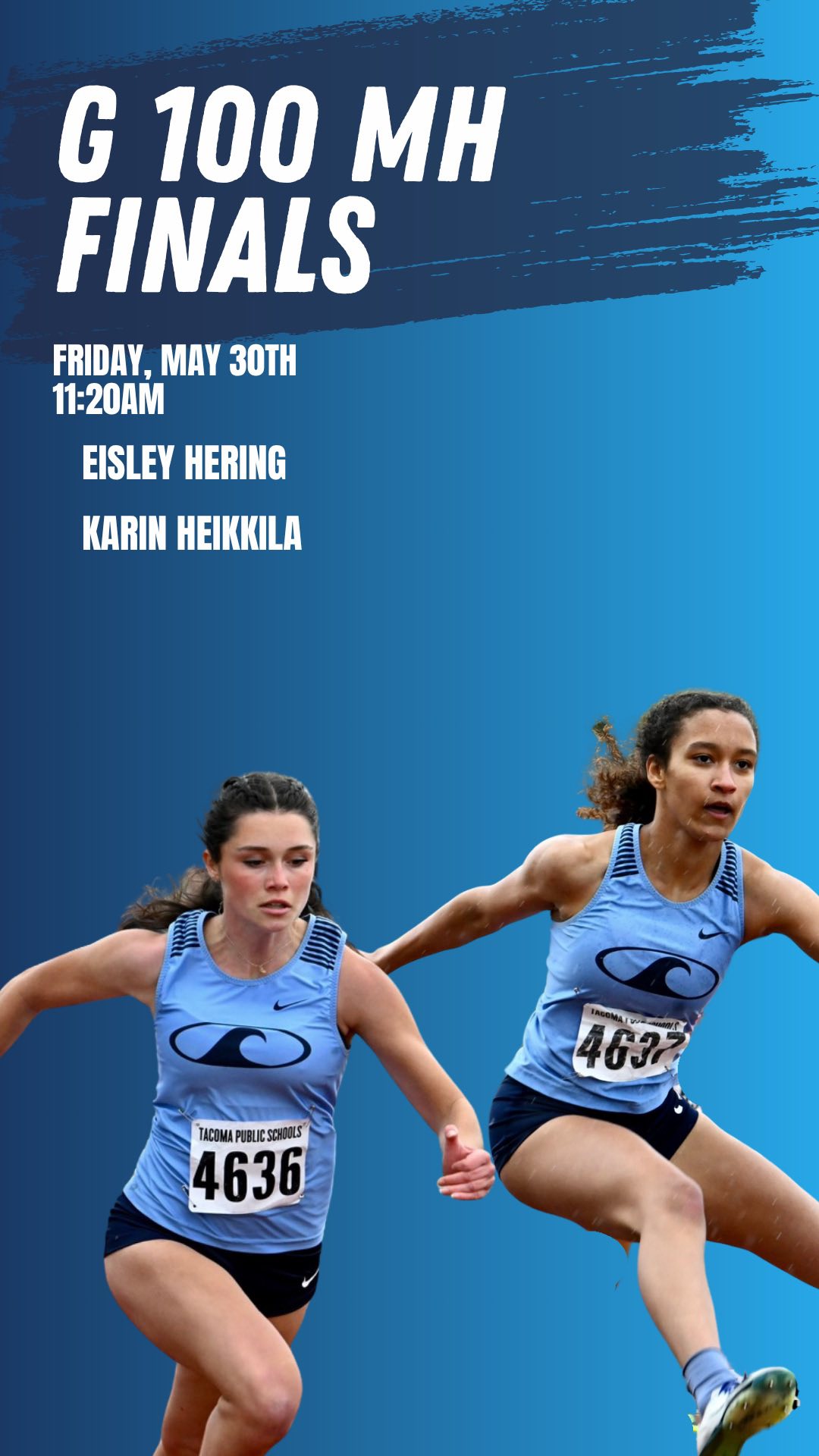 Lady Tides with two more on the podium!
Girls 100m hurdles
Eisley Hering: 4th PB 14.89
Karin Heikkila: 6th PB 15.09
Amazing run ladies!
🌊🌊🌊🌊