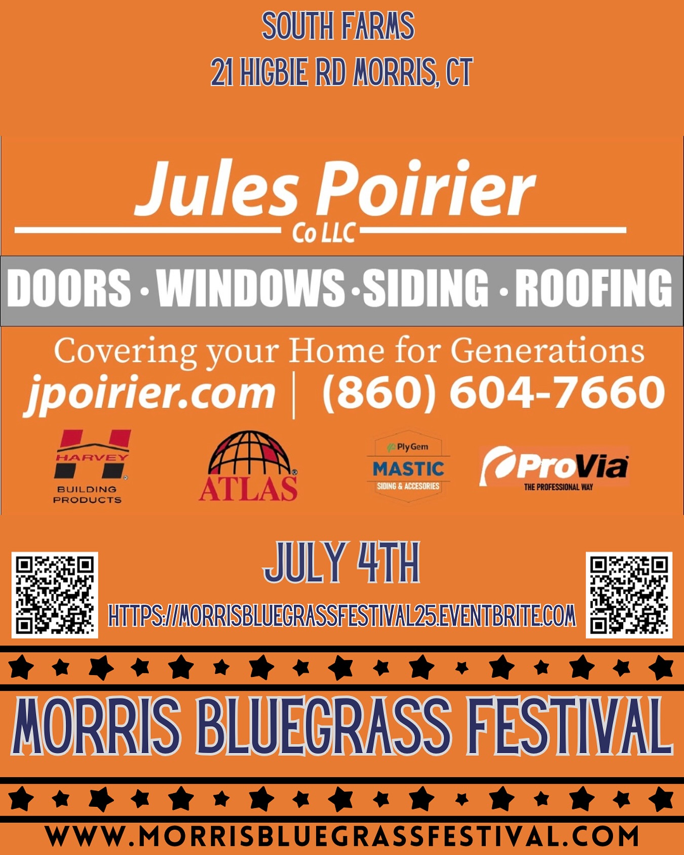 SPONSOR HIGHLIGHT- The Jules Poirier Company. In business since 1955. Roofing, Siding, Windows, Doors and Gutters. We are a local family owned and veteran operated business. All estimates are free. 860-604-7660 or JPOIRIER.COM. Covering your homes for generations. Join us at the Morris Bluegrass Festival July 4th at South Farms 21 Higbie Rd Morris, CT. @julespoirierco tickets on sale now in our bio.