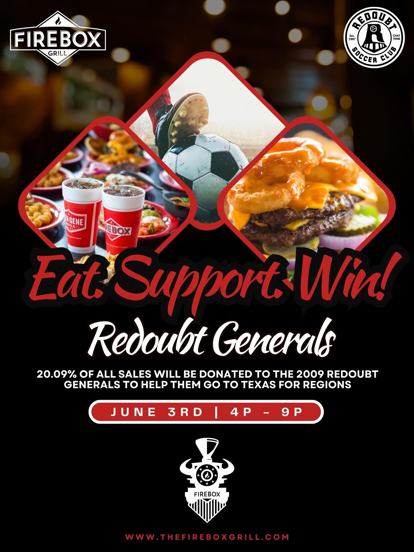 📣 Fundraiser Night at Firebox Grill!
Join us on Tuesday, June 3rd, from 4–9 PM to support the 2009 Redoubt Generals as they prepare for the President’s Cup in Plano, TX!
We’re donating 20.09% of all dine-in and online sales during this time to help cover their travel expenses. Enjoy our signature burgers, bowls, tacos, and more while supporting a great cause. @redoubtsoccer1