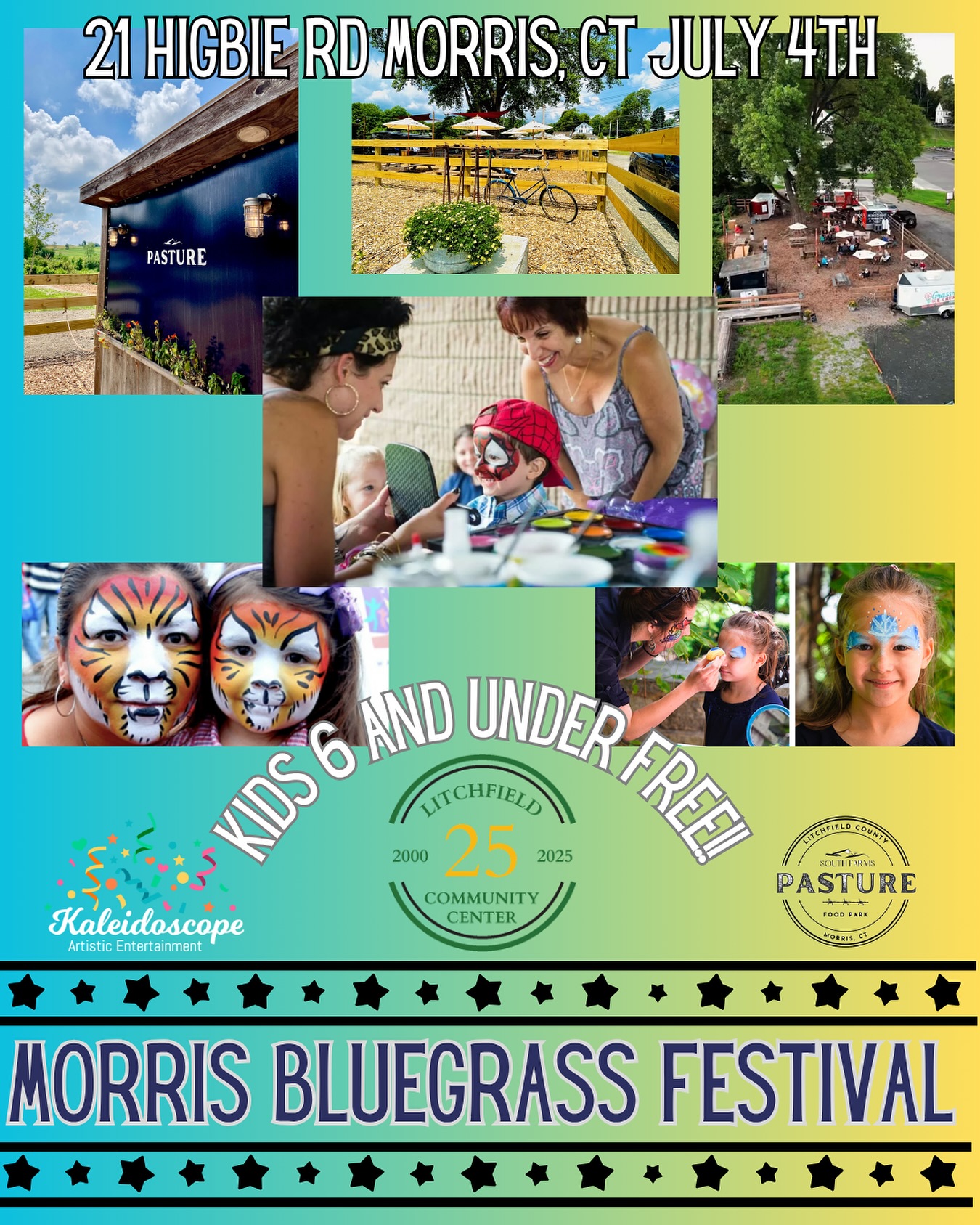 The Morris Bluegrass Festival is thrilled to offer more than just great music! This family-friendly event, held at the iconic South Farms in Morris, CT, features face painting and temporary tattoos provided by the Litchfield Community Center—fun for all ages!
Enjoy a variety of food and drinks available throughout the festival, and don’t miss the popular Food Truck Park, “The Pasture,” located just steps away. With multiple food trucks offering a wide range of delicious options, there’s something for everyone to enjoy! Bring the whole family, Kids 6 and under are Free!
#ctfestivals #ctbluegrass #newenglandmusic #summerfamilyfun