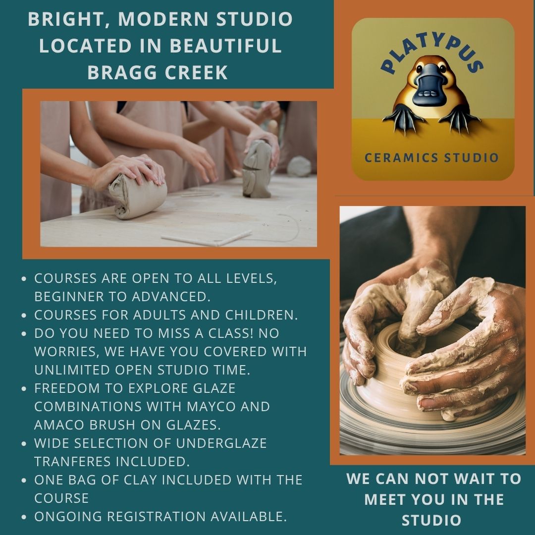 Ready to get your hands dirty and unleash your inner artist? Our bright, modern studio is just a short drive from Calgary and the surrounding area, and we're ready to welcome you! With all levels included in every class, you'll discover a fantastic community and a truly friendly learning environment.
Our 3-hour classes are starting this week with ongoing registration – so jump in anytime! Plus, enjoy unlimited open studio time to really let your creativity flow. Got a Pinterest board bursting with glaze ideas? We've got you covered! Explore endless possibilities with our wide selection of Mayco and Amaco brush-on glazes, plus underglaze and underglaze transfers are all included!
Questions? Don't hesitate to reach out! We can't wait to create with you!
www.platypusceramics.com
#pottery #braggcreek #visitbraggcreek #cochrane #foothills #mudpotters #potteryyyc #yycpottery #localpottery #ceramics #clayworks #calgarylocalbusiness #yycpotterystudio #potteryworks #calgarypottery #calgaryceramics #calgarycreative #getyourhandsdirty #ceramics
#mudpottery #ihavethisthingwithceramics #уус
