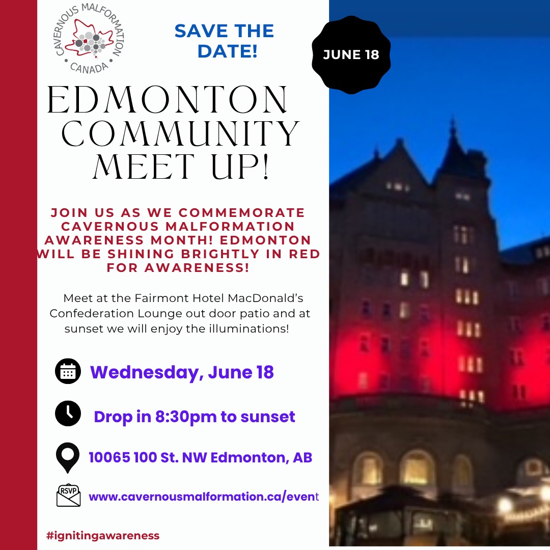 Join us to commemorate the High Level Bridge, the Alberta Legislature Building and the Fairmont MacDonald illuminating for Cavernous Malformation Awareness Month!
Drop in for a beverage or snack with us and share and connect as we celebrate the declaration by the Province of Alberta and watch these landmarks illuminate. Patients, families and friend are all welcome! Meet us on the garden patio!
RSVP as the link in the bio!
#edmonton #cavernoma #cavernousmalformation #alberta #cavernousmalformationawarenessmonth #ignitingawareness #raredisease