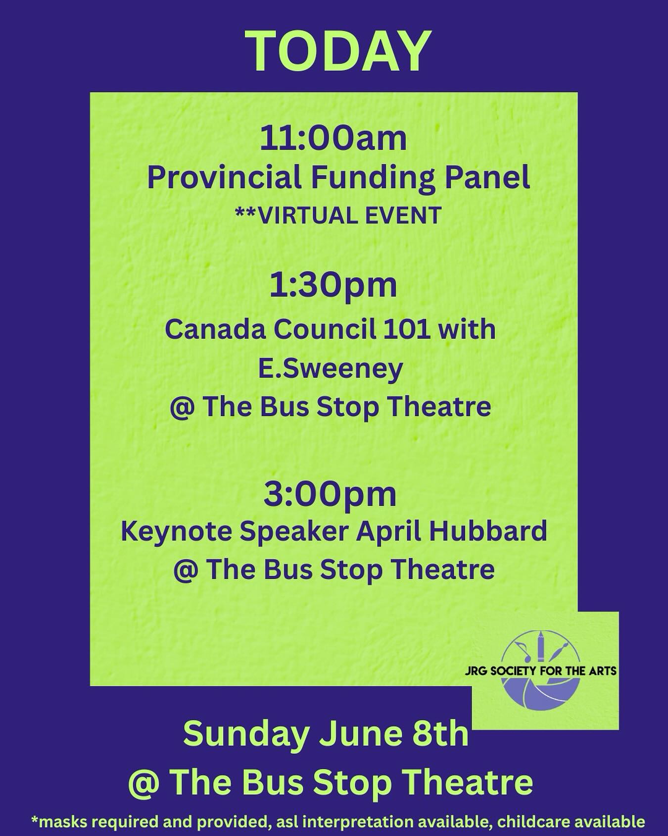 TODAY @ DAAS!
The final day of the symposium has a wonderful line up!
11:00am we have a provincial funding panel online with granting officers from across the atlantic provinces!
1:30pm @ The Bus Stop Theatre join Elizabeth Sweeney from Canada Council for the Arts to talk about funding opportunities for disabled artists and answer questions about changes to Canada Council programs
3:00pm Join us for our final event a Keynote Speech for our 2025 DAAS season from April Hubbard