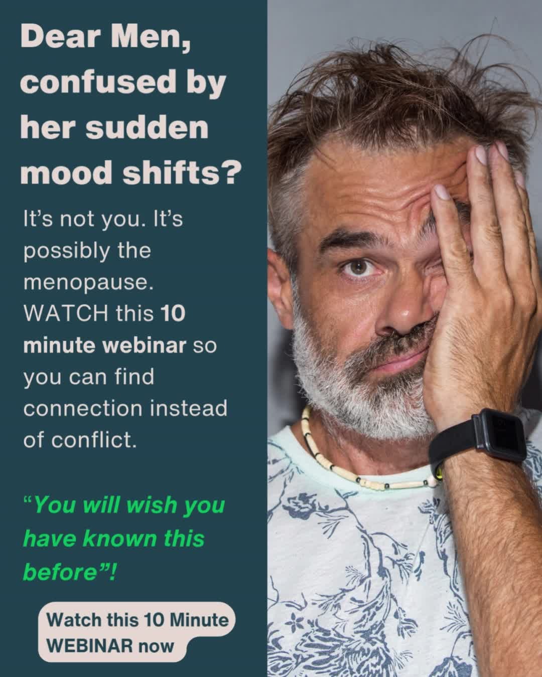 Confused by your partner's sudden mood swings, silence, or withdrawal?
You’re trying to help, but it feels like everything you say is wrong. Feel like walking on eggshells?
It is not your fault, it could be menopause. Watch this FREE 10-minute webinar
https://couplestherapy.relationshiprepairtherapy.com/menswebinar
#men #,enopause #relationshipsupport #couples #reallove #midlifemen #midlifecouple