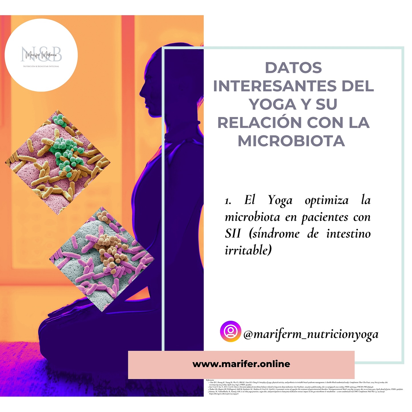 🌱1. Yoga optimiza la microbiota en pacientes con SII (síndrome de intestino irritable)
Un ensayo clínico aleatorizado de 6 semanas combinó yoga online y probióticos en personas con SII. El grupo que hizo solo yoga más placebo mostró mejoras significativas en la calidad de vida —medida con IBS-QOL—, y el grupo que integró probióticos tuvo además una reducción clara de bacterias potencialmente no deseadas, como Klebsiella .
🌱2. Meditación prolongada (yoga mental) altera la microbiota favorablemente
Un estudio comparó a monjes tibetanos (más de 3 años de meditación diaria) con su población local, encontrando mayor diversidad alfa y enriquecimiento de géneros como Prevotella, Bacteroides, Megamonas y Faecalibacterium. Estos cambios se relacionan con menor riesgo de ansiedad, depresión, enfermedades cardiovasculares y mejor función inmune .
🌱3. Retiro intensivo de yoga + dieta vegetariana mejora la microbiota rápidamente
En un estudio piloto de un retiro de 9 días con prácticas de Arhatic Yoga y dieta vegetariana, se observó un rápido incremento de bacterias beneficiosas productoras de butirato en intestino y boca .
🌱4. Yoga + dieta vegana + meditación promueven bacterias probióticas
Un estudio no aleatorizado durante un programa de meditación y dieta vegana documentó aumentos en géneros apoyados por beneficios probióticos como Lactobacillus y Bifidobacterium, junto con SCFAs (ácidos grasos de cadena corta) ─moléculas clave para la salud intestinal y mental .
🌱5. Reseña sistemática de intervenciones mente-cuerpo en enfermedades gastrointestinales
Un meta-análisis revisó 12 estudios (SII, colitis, cáncer GI, pancreatitis) y concluyó que el yoga redujo síntomas digestivos, mejoró el ánimo y la calidad de vida, con escasos efectos adversos .
✨Aunque los resultados son prometedores, la mayoría de estudios son de tamaño pequeño, con diseños heterogéneos (variaciones en duración, tipo de yoga, combinaciones con dieta o probióticos). Se requieren ensayos más amplios y controlados para profundizar. ✨. #microbiota #nutrición #yoga #meditación #ciencia #vidasaludable #bienestarintegral #salud.