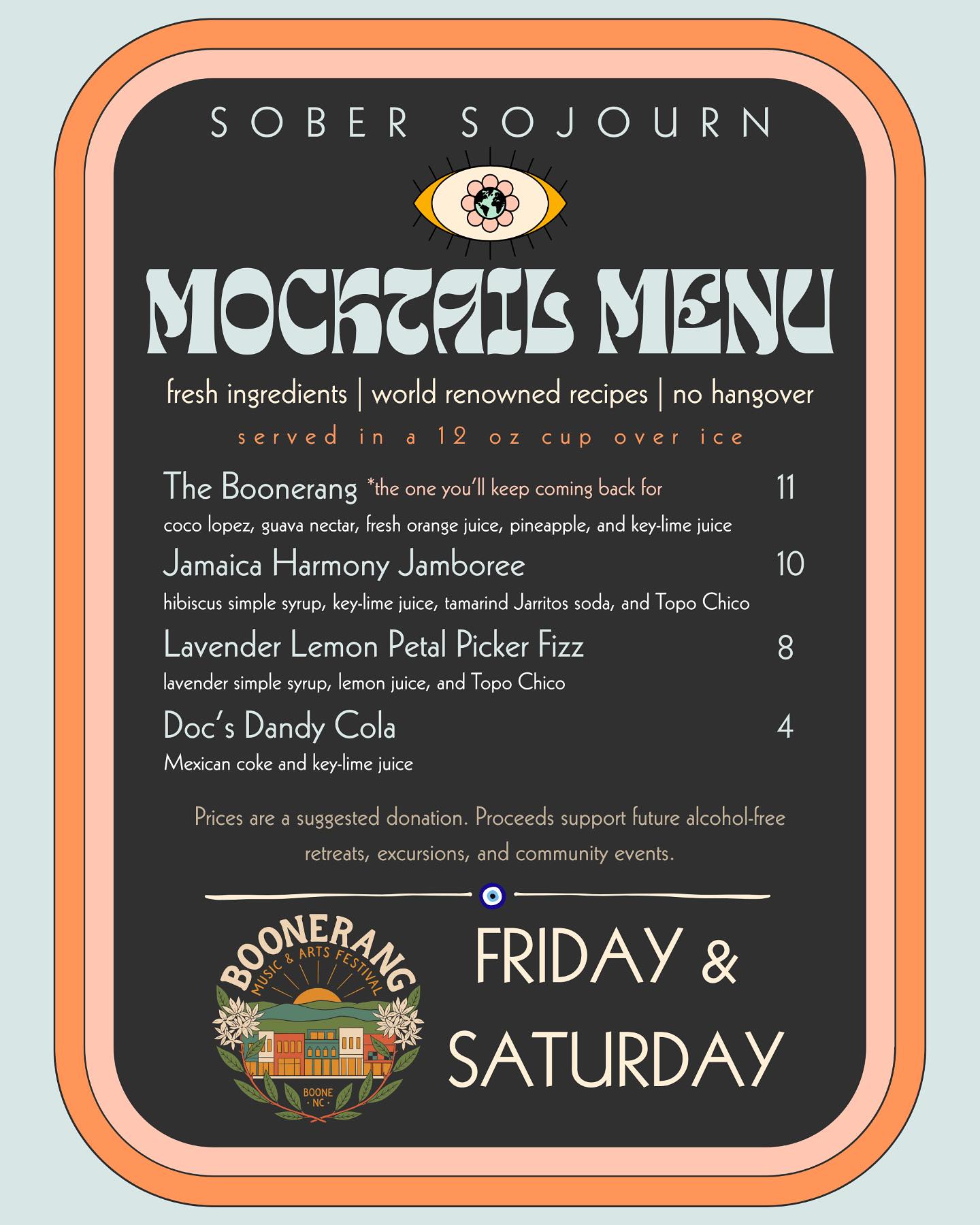 Mocktail menu is here! Come see us this weekend for @boonerangfest 🎶
We will be slinging fresh, hand crafted, alcohol-free drinks on Howard street next to @wildwoodcommunitymarket Friday starting at 5pm and Saturday starting at 11 until 8pm (or until we run out!) 🍹
I am so excited to have @kalebouquett and @elshedrick helping us out in the tent! Come say wazzzzup! 🌞🌈✨
Did I mention free raffle??? 🍀🧿♥️
And mock-tail on the house to the drink naming queen @preppymountainmama 💡 She is a good idea machine 💕Which one are you going to pick?
*all prices are a suggested donation. Proceeds support Sober Sojourn future excursions, retreats, and community events 🌈
