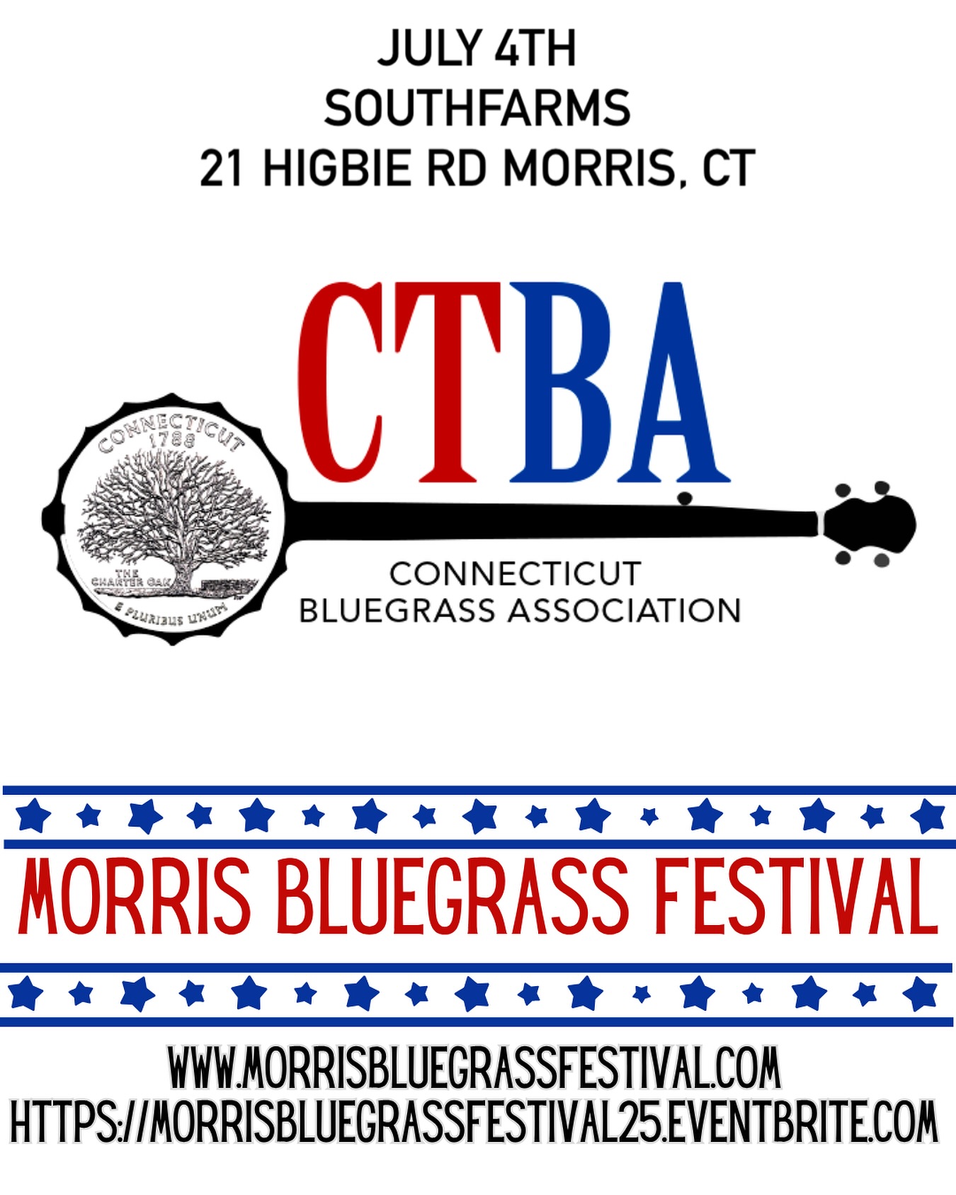 The Morris Bluegrass Festival is proud to support the CTBA. The Connecticut Bluegrass Association — or CTBA — is dedicated to bringing together the bluegrass community in CT, promoting Bluegrass Bands, Education, Jams, festivals, and event Venues. Learn more and sign up for the monthly newsletter at CTBluegrass.com. Morris Bluegrass Festival takes place July 4th at South Farms 21 Higbie Rd Morris CT. #ctbluegrassassociation #ctba #ctbluegrass #newenglandbluegrass #litchfieldcountyct