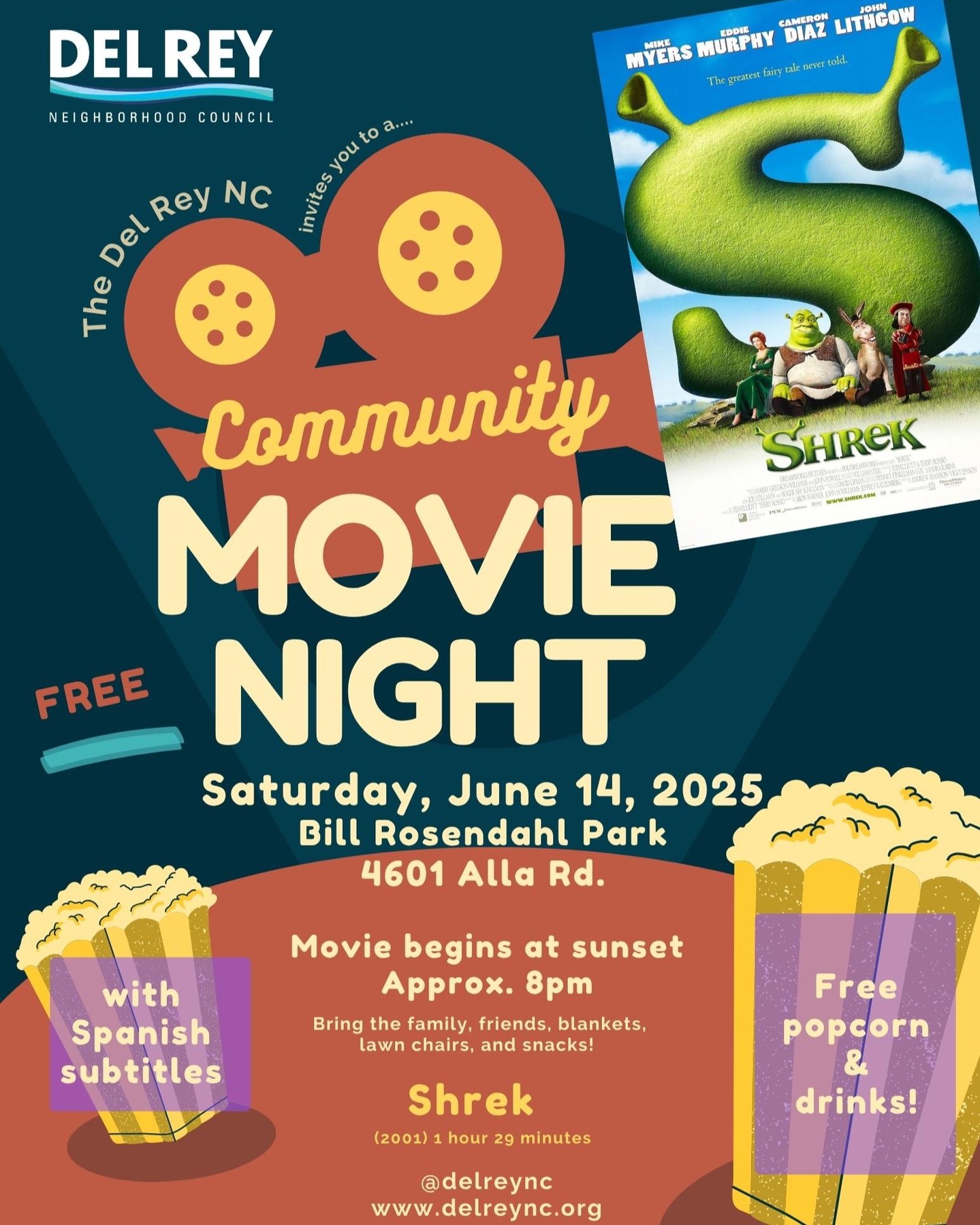 The Del Rey Neighborhood Council invites you to our FREE Community Movie Night! We're showing the one and only... SHREK!
🗓️ Saturday, June 14, 2025
📍 Bill Rosendahl Park (4601 Alla Rd.)
🎬 Movie begins at sunset (approx. 8 PM)
Bring your family, friends, blankets, lawn chairs, and snacks! We'll have FREE popcorn & drinks, plus Spanish subtitles for the movie.
You don't want to miss this! See you there! 👋
#DelReyNC #CommunityMovieNight #Shrek