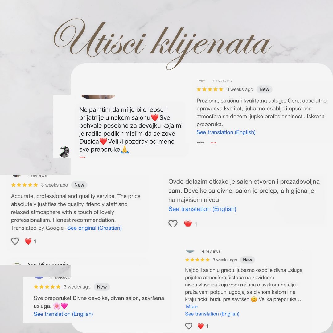 Iskrena reakcija naših klijenata je naš najveći kompliment. Zahvalni smo na međusobnom poverenju i poštovanju koje gradimo zajedno.
🌸
Hvala vam i vidimo se na adresi:
Ðuke Dinić 16.✅