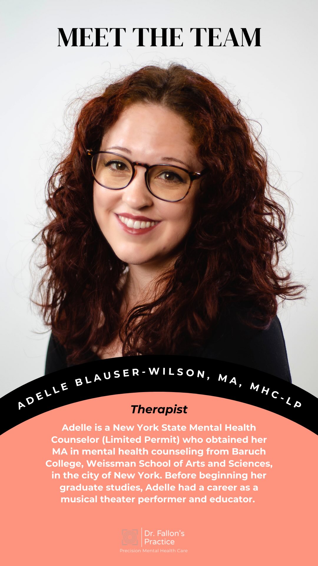 ✨ Meet Adelle Blauser-Wilson, MA, MHC-LP ✨
Adelle is a New York State Mental Health Counselor (Limited Permit) with a unique path to the field—starting as a musical theater performer and educator before transitioning into mental health care. After earning her MA in mental health counseling from Baruch College, she set out to make high-quality therapy accessible, particularly for communities like performing artists, women, LGBTQ+ individuals, and military families.
Adelle integrates object-relations theory with motivational interviewing, somatic work, and DBT skills to support clients navigating trauma, life transitions, and identity exploration. She brings warmth, curiosity, and an active presence into every session—along with occasional guest appearances from her three cats. 🐾
She’s passionate about helping clients reconnect with themselves and build strength through the therapeutic relationship. We’re so glad to have her on the team!
Interested in working with Adelle?
Head to our website to learn more!
www.drfallonspractice.com/aboutadelle
#DrFallonsPractice #Psychotherapist #Therapy #Therapist #MentalHealthMatters #MentalHealth #NYC #NewYork #MeetTheTeam #MentalHealthCounselor